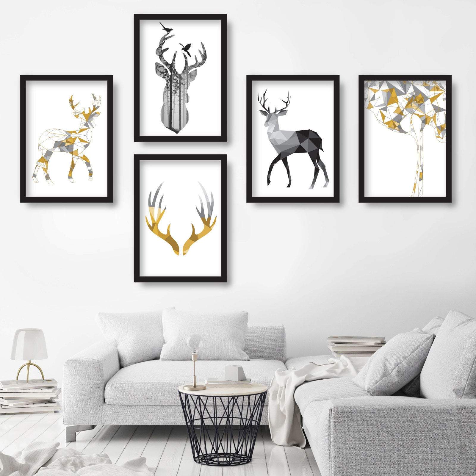 Set of 5 Scandinavian GEOMETRIC Gallery Wall Art Prints STAG deer Yellow & Grey Wall Pictures Posters Artwork