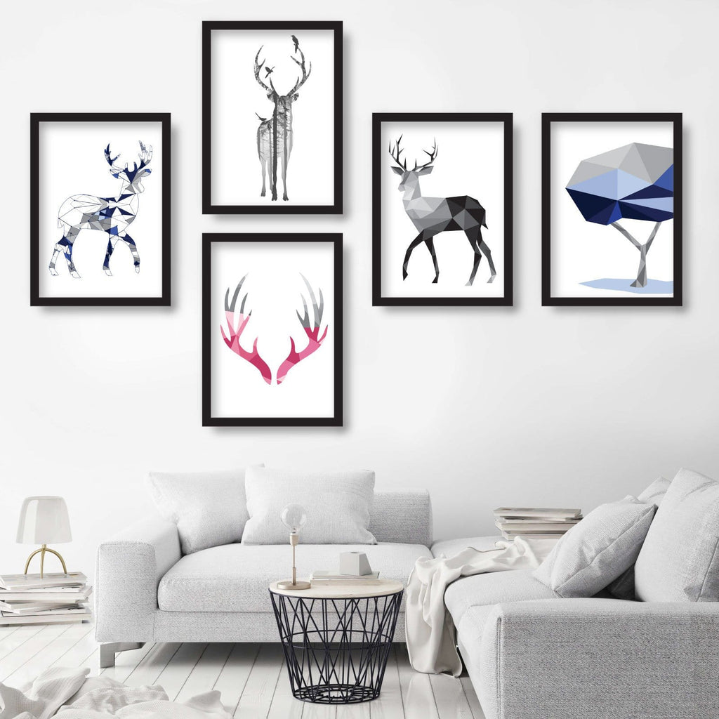 Set of 5 STAG deer Scandinavian GEOMETRIC Gallery Wall Art Prints Navy Blue, Pink & Grey Wall Pictures Posters Artwork