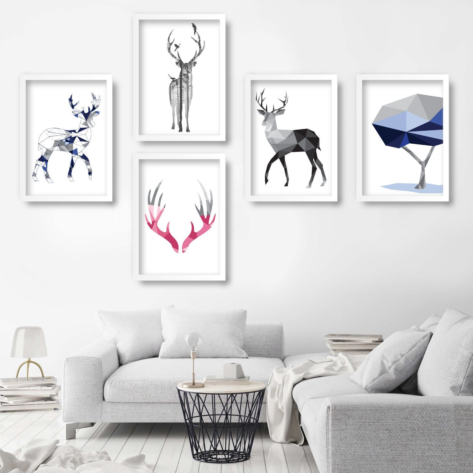 Set of 5 STAG deer Scandinavian GEOMETRIC Gallery Wall Art Prints Navy Blue, Pink & Grey Wall Pictures Posters Artwork