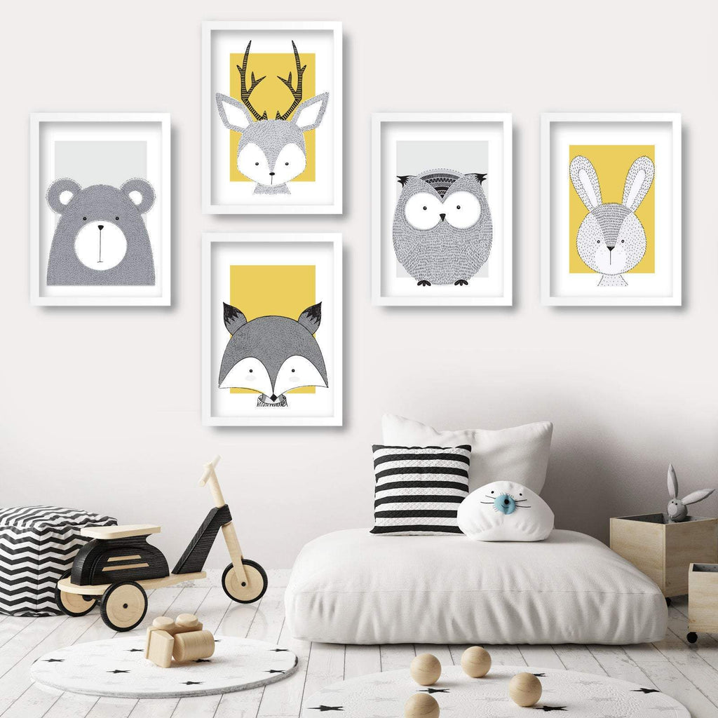 NURSERY Set of 5 FOREST Animals Gallery Wall Art Prints Yellow Bear Fox Deer Owl Rabbit ORIGINAL Scandinavian sketch Picture Posters