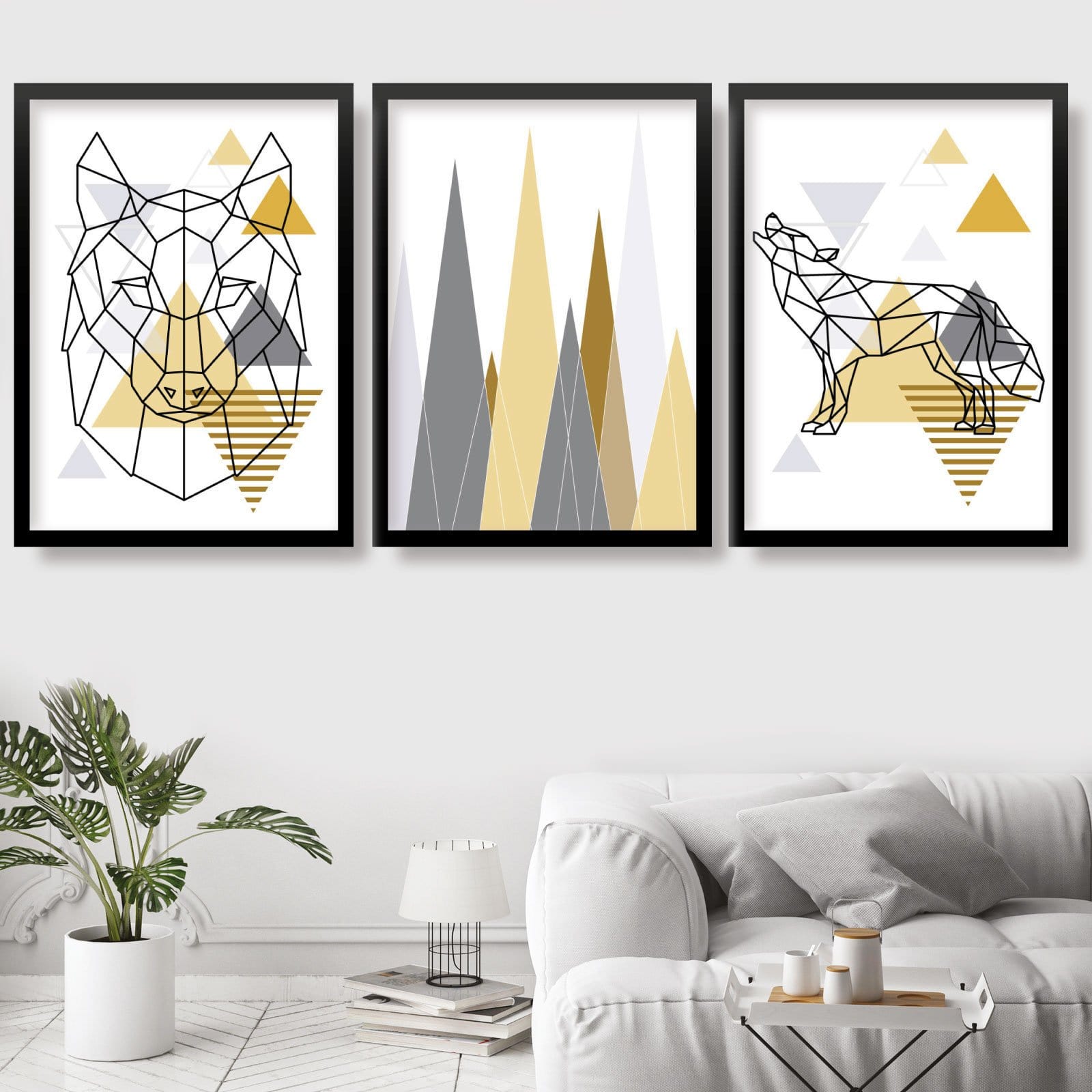Set of 3 GEOMETRIC YELLOW & Grey WOLF Mountains Art Prints