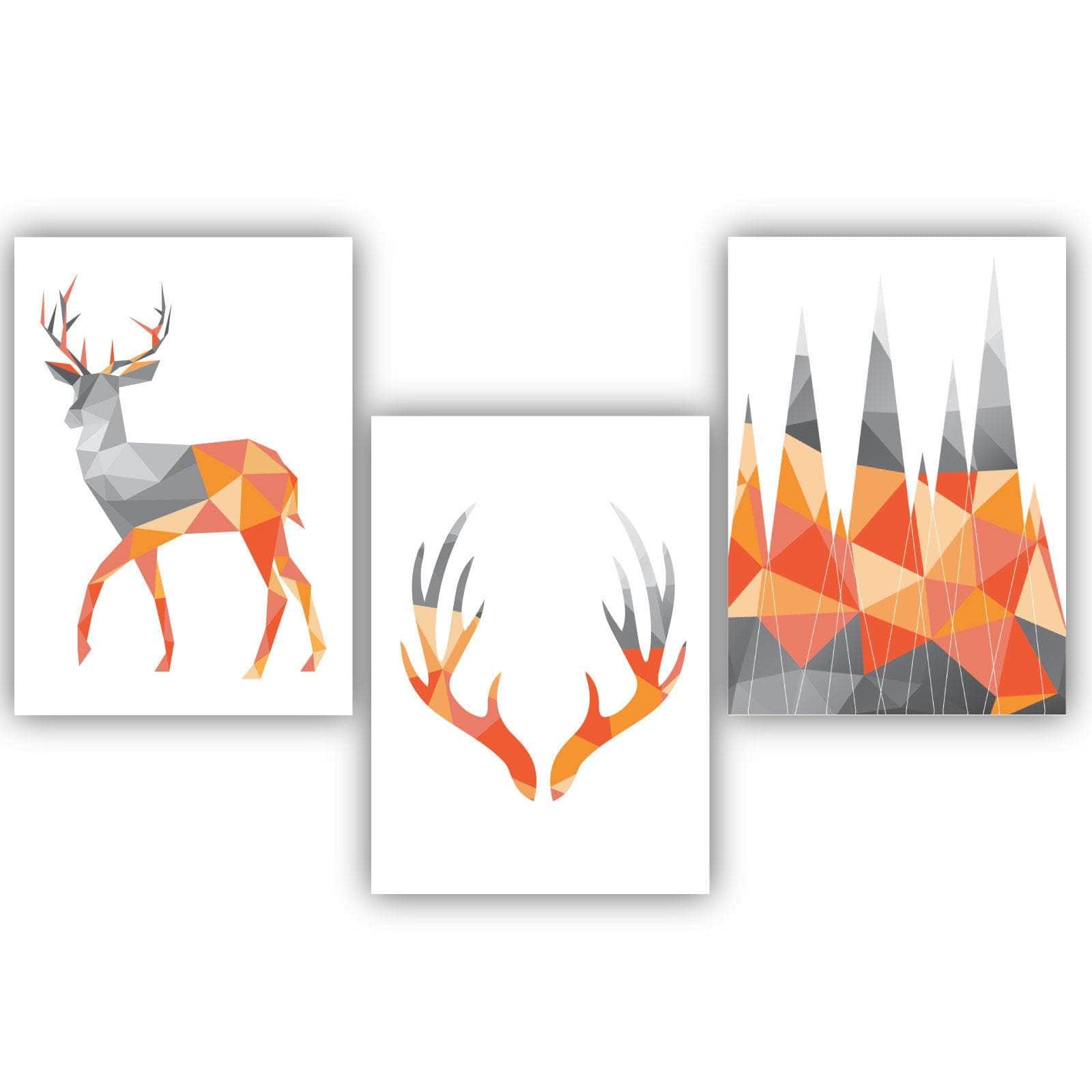 GEOMETRIC set of 3 ORANGE & Grey Art Prints STAG Antlers and Mountains