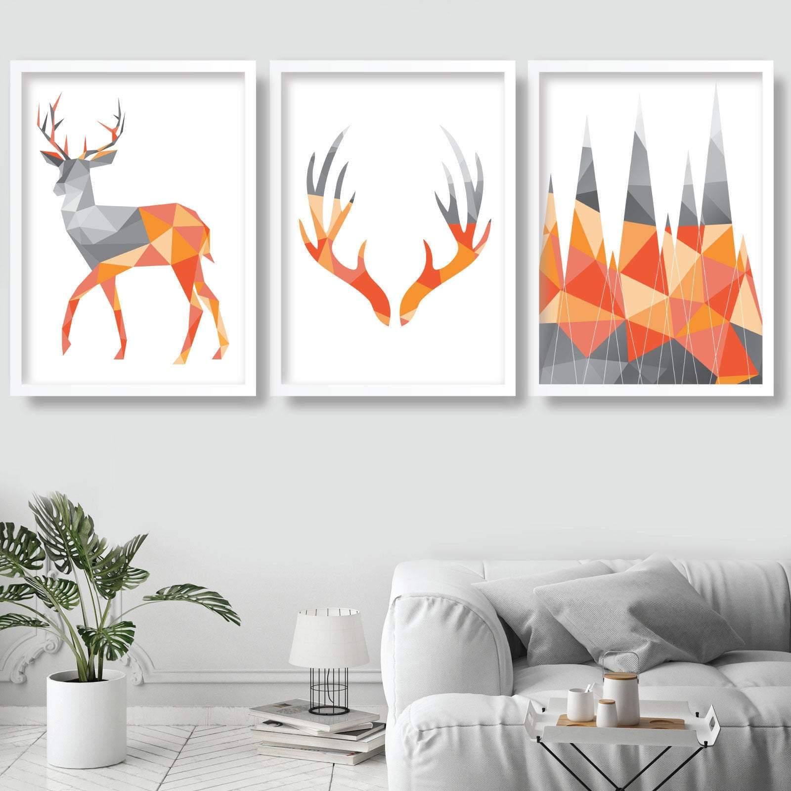GEOMETRIC set of 3 ORANGE & Grey Art Prints STAG Antlers and Mountains