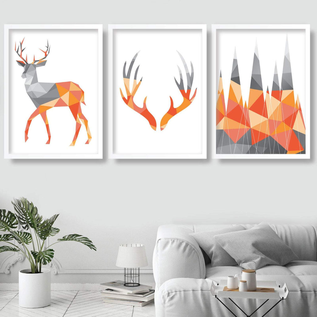 GEOMETRIC set of 3 ORANGE & Grey Art Prints STAG Antlers and Mountains Wall Pictures Posters Original Artwork