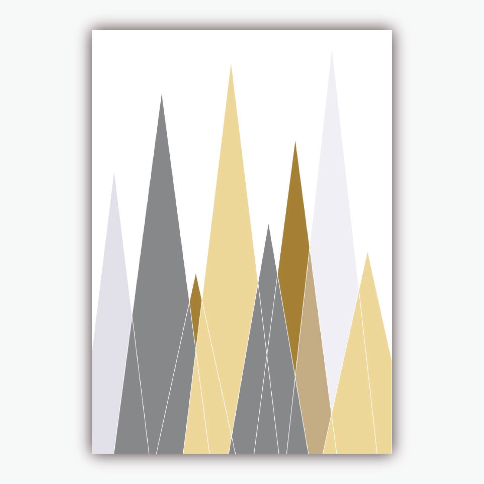 Set of 3 Scandinavian GEOMETRIC triangles and Poly Line Art YELLOW & Grey Art Prints Howling WOLF Mountains Wall Pictures Posters Artwork