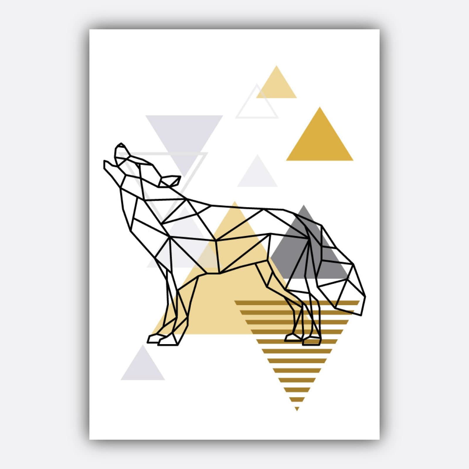 Set of 3 Scandinavian GEOMETRIC triangles and Poly Line Art YELLOW & Grey Art Prints Howling WOLF Mountains Wall Pictures Posters Artwork