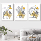 Set of 3 GEOMETRIC YELLOW & Grey GIRAFFE and Tree set Modern Art Prints