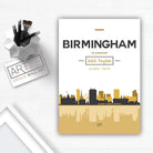 Birmingham Skyline Cityscape England, Yellow and Grey Art Print