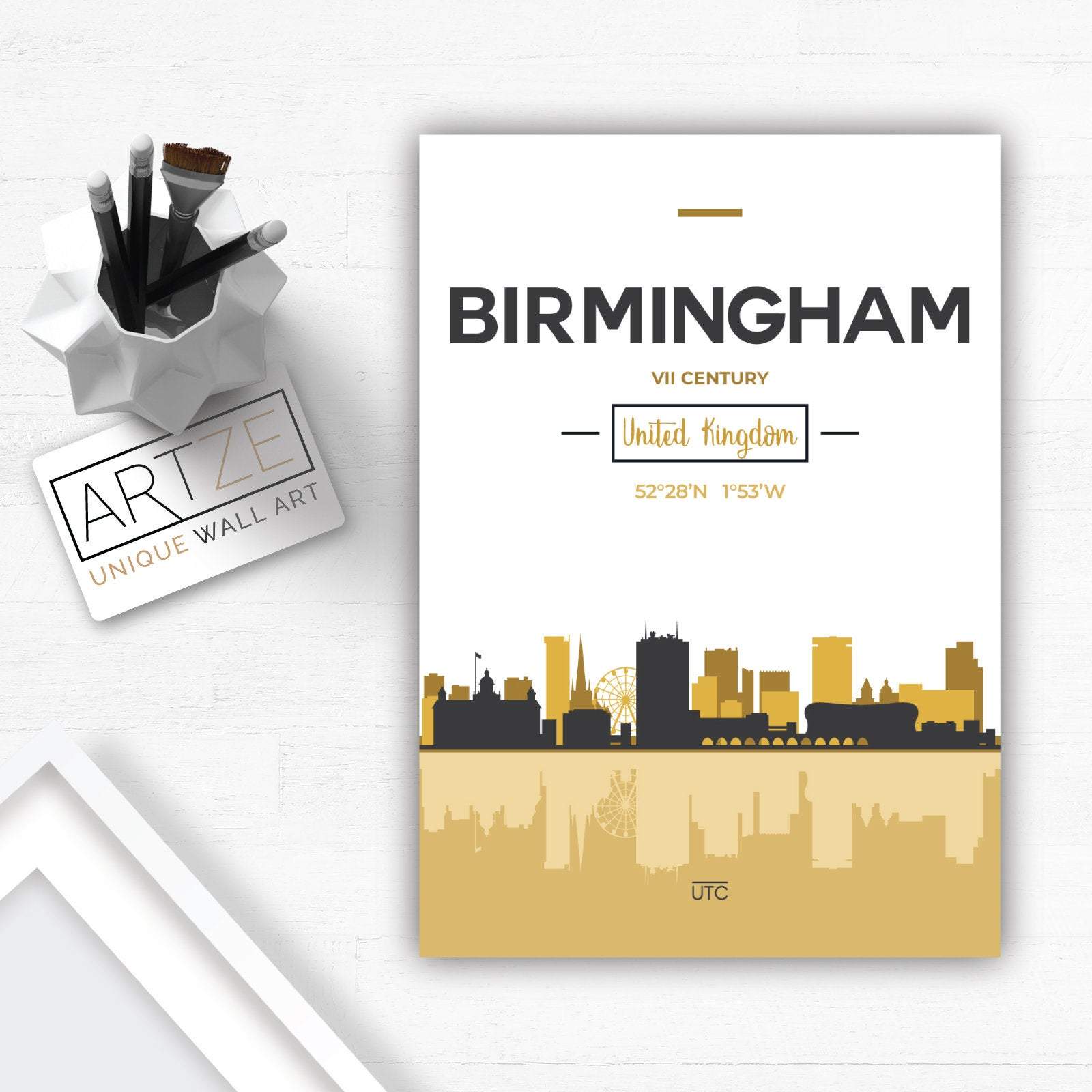 Birmingham Skyline Cityscape England, Yellow and Grey Art Print