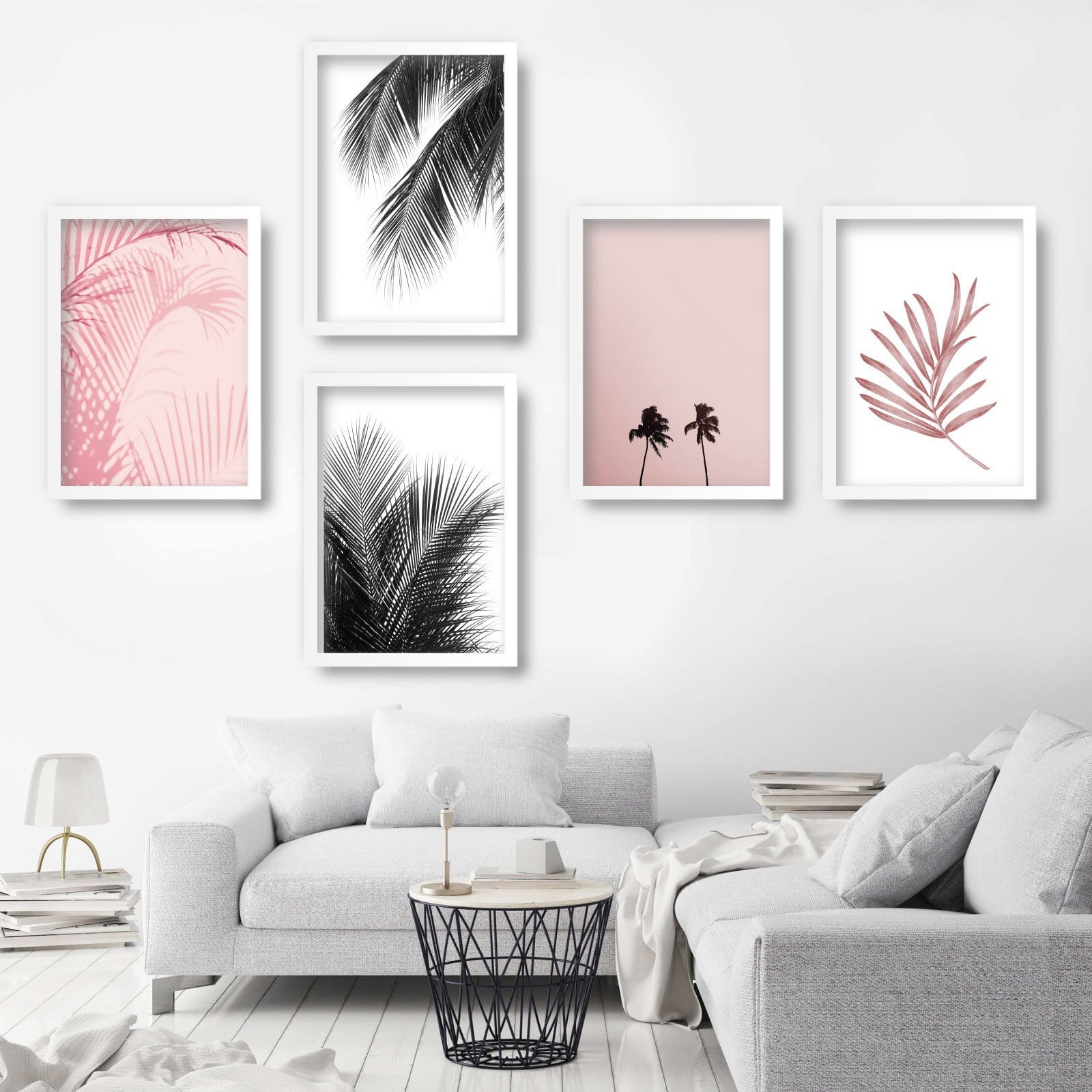 Set of 5 Gallery Wall Art Prints ORIGINAL Pink & Black ABSTRACT Botanical Palm Tree Wall Floral Pictures Posters Artwork