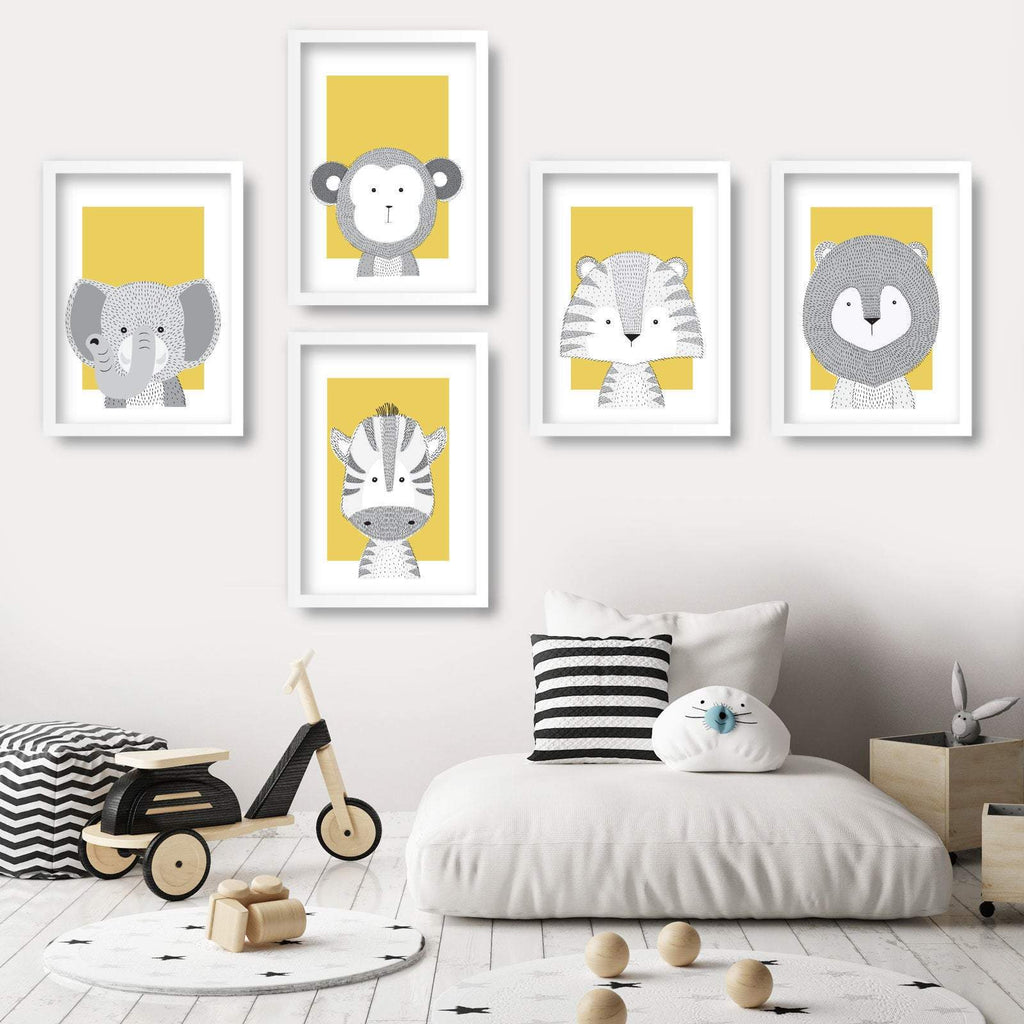 NURSERY Set of 5 JUNGLE Animals Gallery Wall Art Prints Yellow ORIGINAL Scandinavian Style Elephant Monkey Zebra Tiger Lion Picture Posters