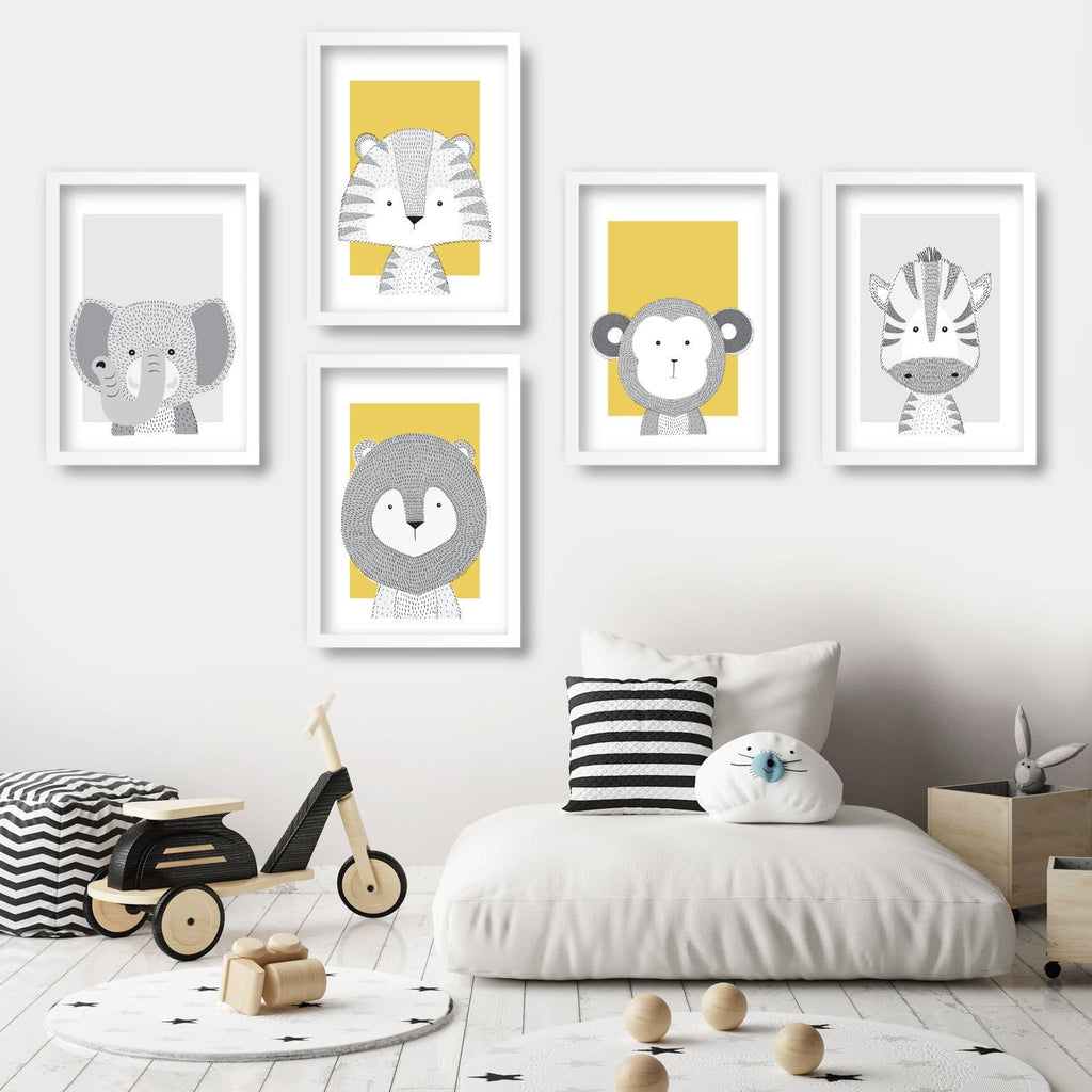 NURSERY Set of 5 JUNGLE Animals Gallery Wall Art Prints Yellow Elephant Tiger Lion Monkey Zebra ORIGINAL Scandinavian sketch Picture Posters