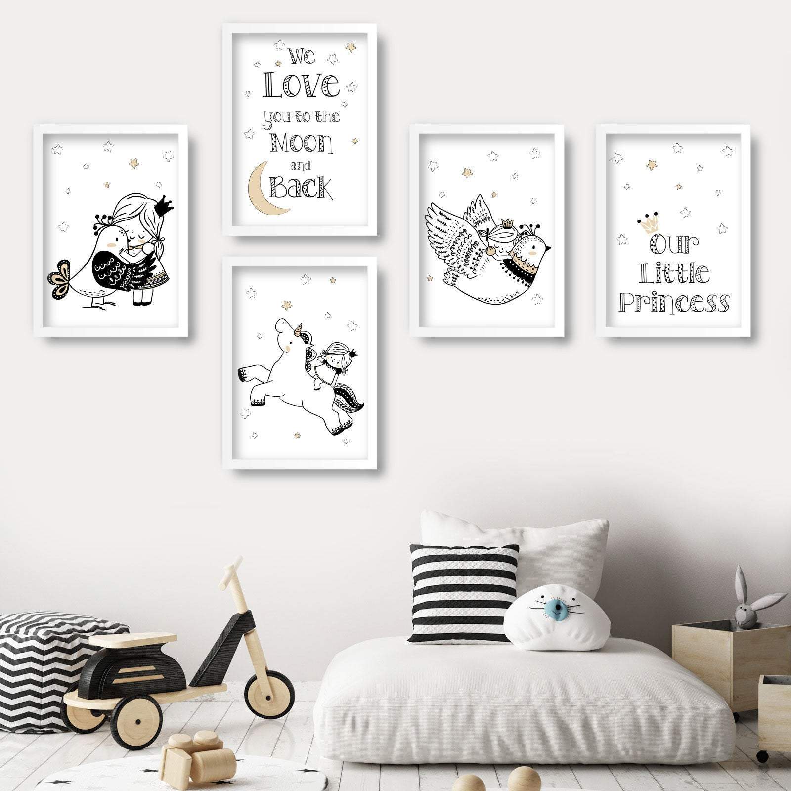 NURSERY Set of 5 PRINCESS Unicorn Bird, Little Princess, Love you to the Moon and Back Scandinavian Gallery Wall Art Prints Picture Posters