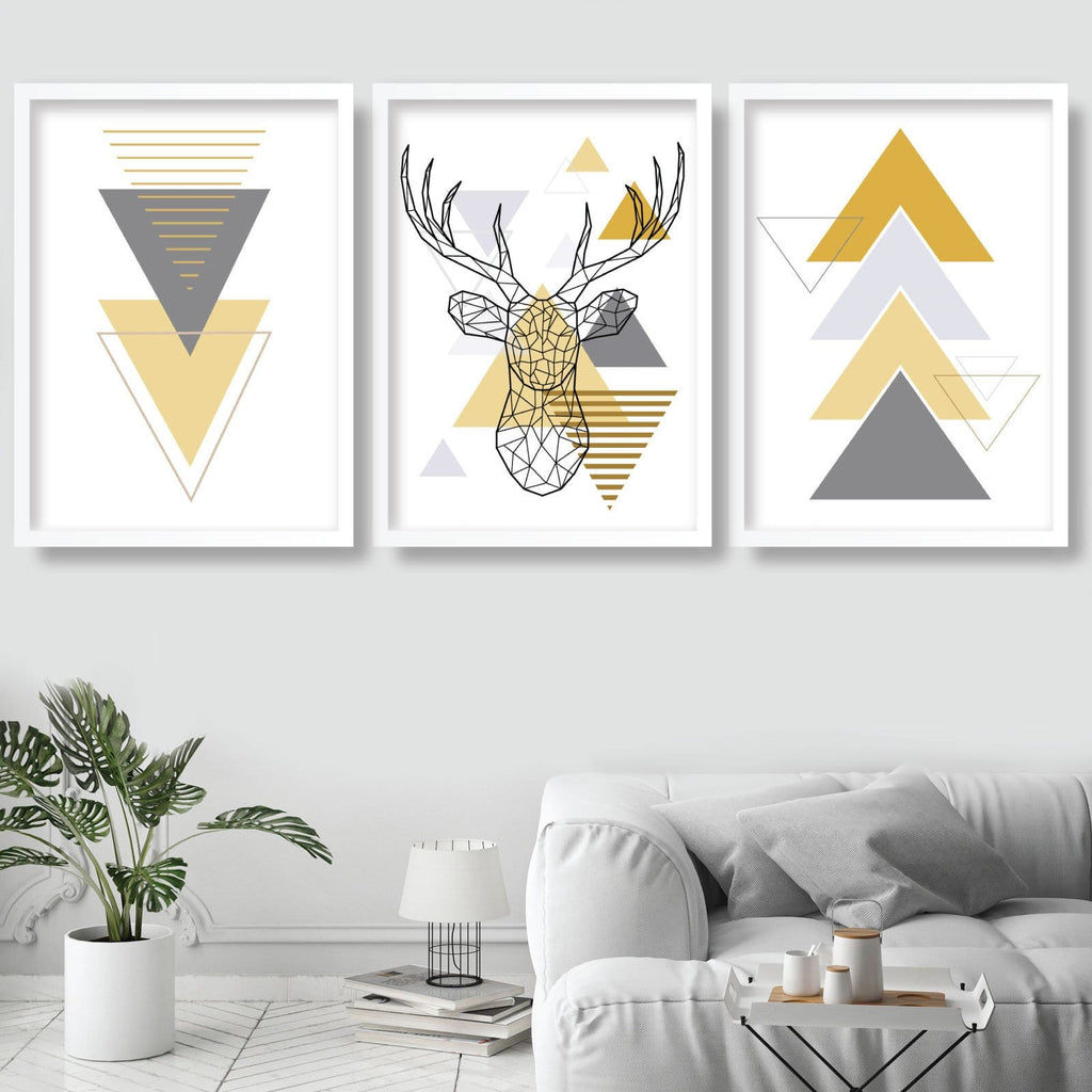 Set of 3 Scandinavian GEOMETRIC triangles and Poly Line Art YELLOW & Grey Art Prints STAG head Wall Pictures Posters Artwork