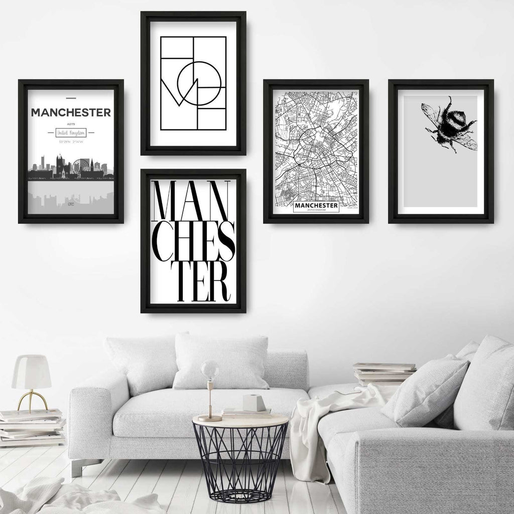Set of 5 MANCHESTER Art Prints cityscape, Skyline Street Map Worker Bee Symbol Wall Pictures Posters Artwork Perfect Gift