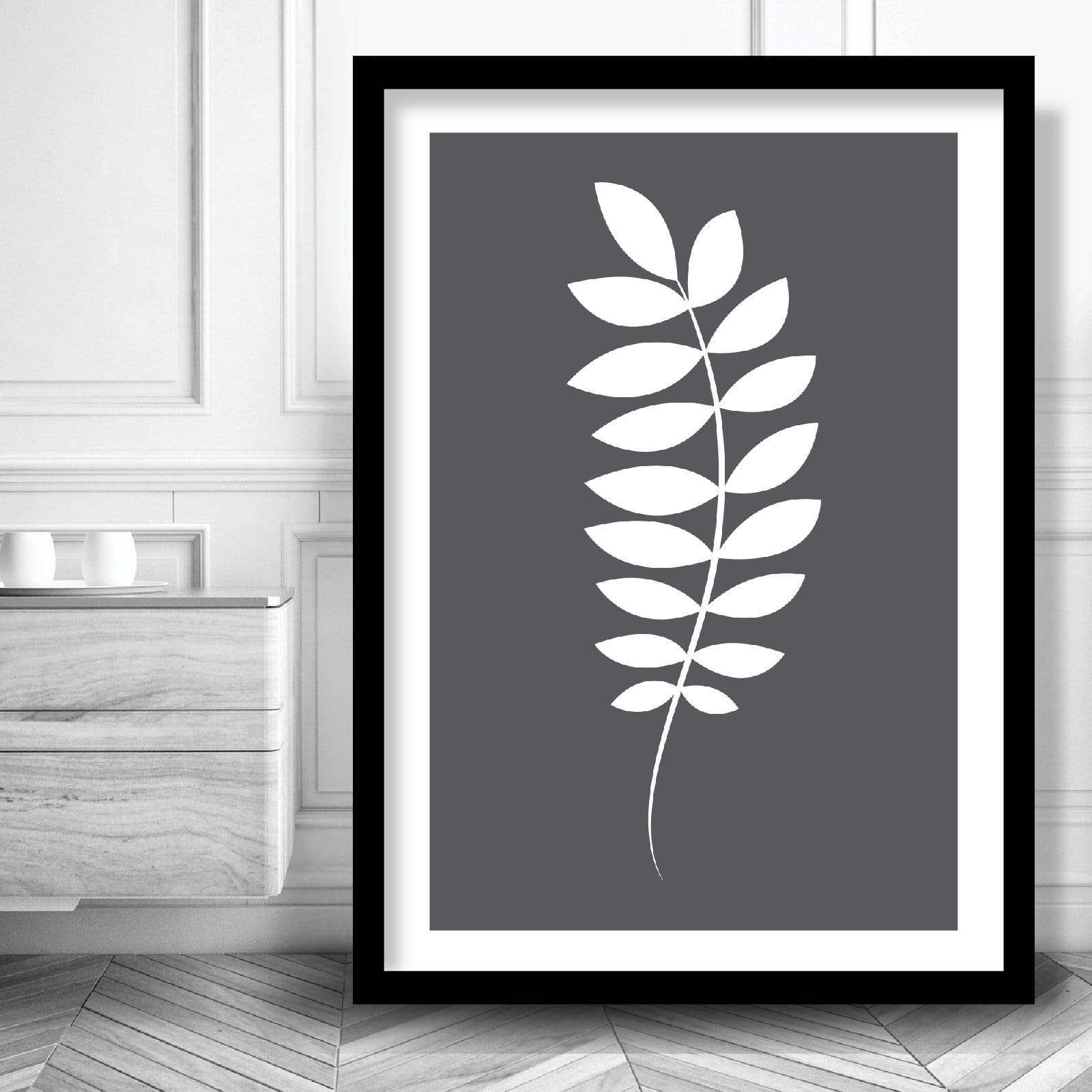 Set of 3 Yellow Grey and White Art Prints Tropical LEAVES