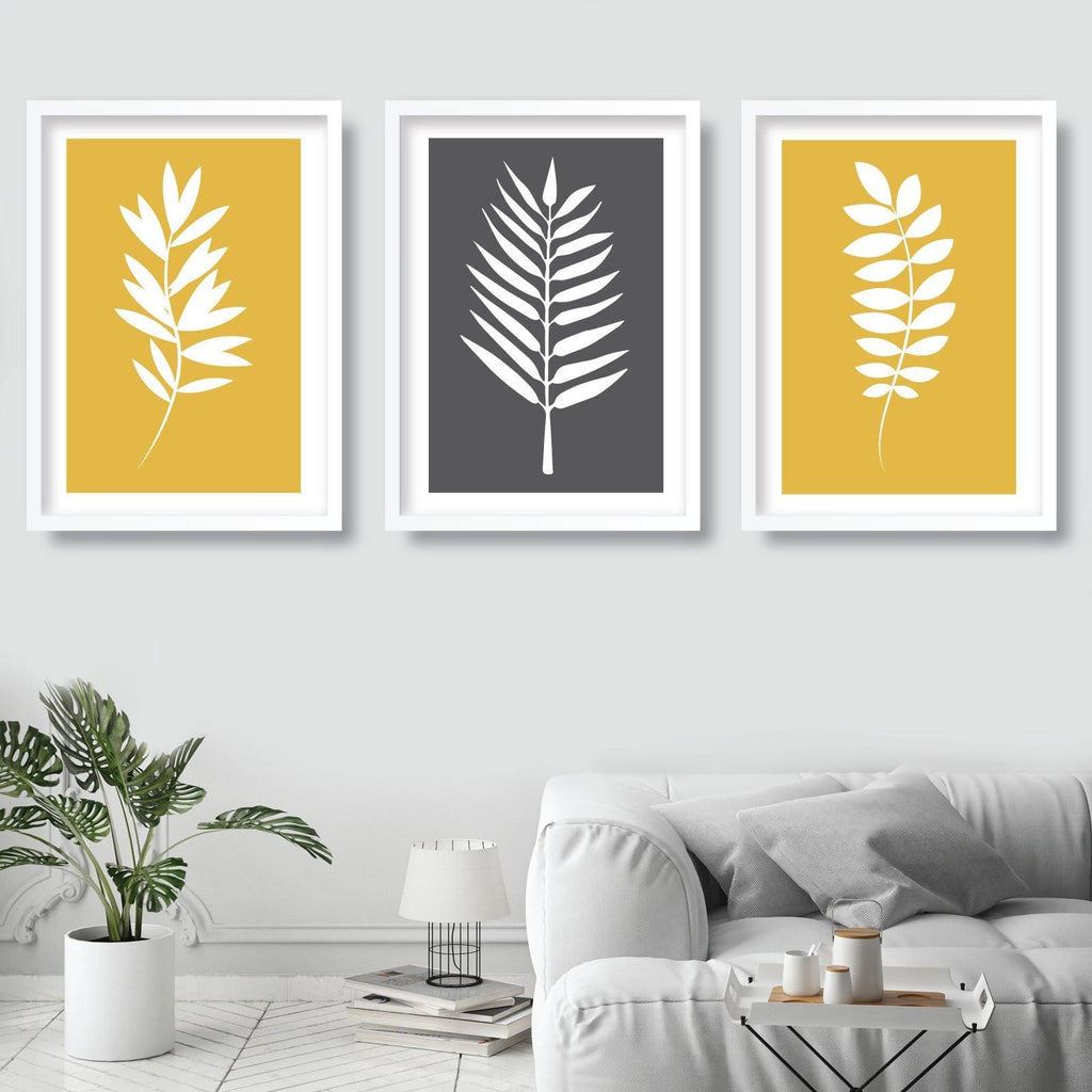 Set of 3 Grey Yellow and White Gallery Wall Art Prints Tropical LEAVES Botanical Leaf Scandinavian Posters Minimalist Graphical Artwork