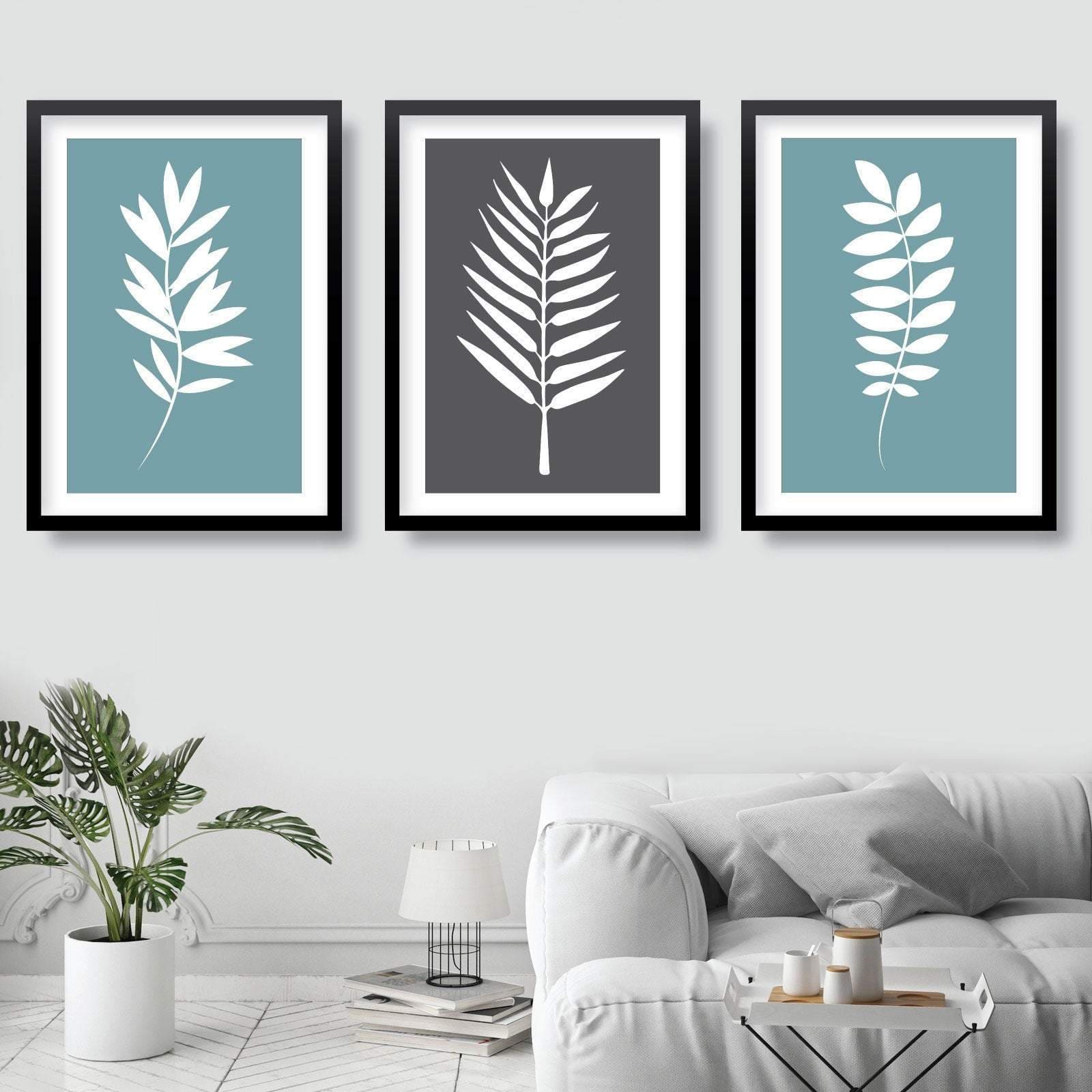 Set of 3 Duck Egg Blue Grey and White Tropical Gallery Wall Art Prints