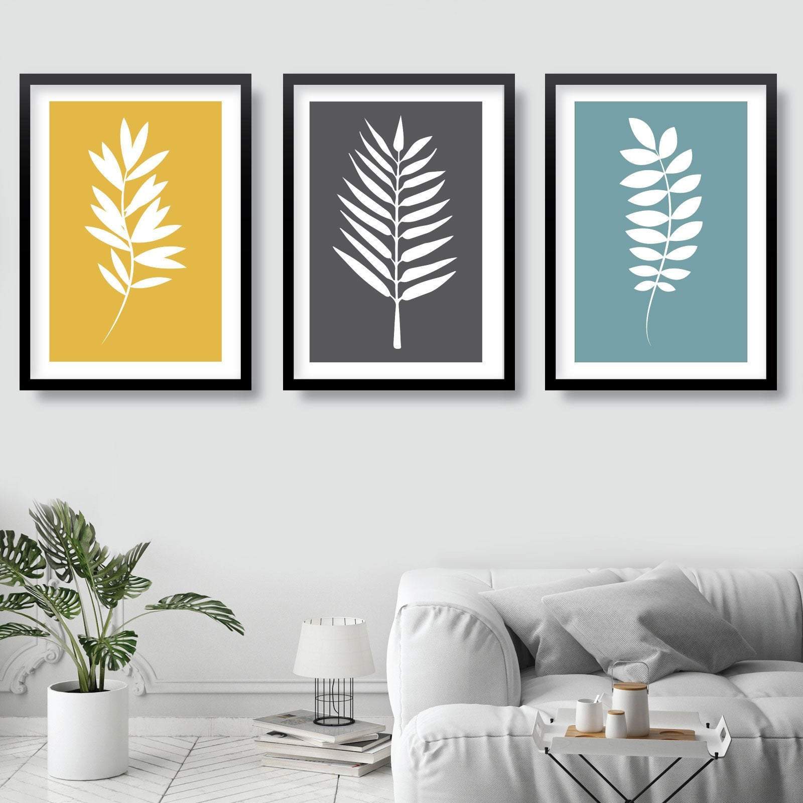 Set of 3 Grey Yellow and Blue Gallery Wall Art Prints Tropical FERN Botanical Leaf