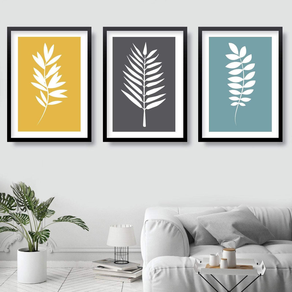 Set of 3 Grey Yellow and Blue Gallery Wall Art Prints Tropical FERN Botanical Leaf Scandinavian Posters Minimalist Graphical Artwork