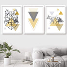 Set of 3 Scandinavian GEOMETRIC YELLOW & Grey FOX and Triangles set Modern Art Prints Wall Pictures Posters Artwork Poly Line Art