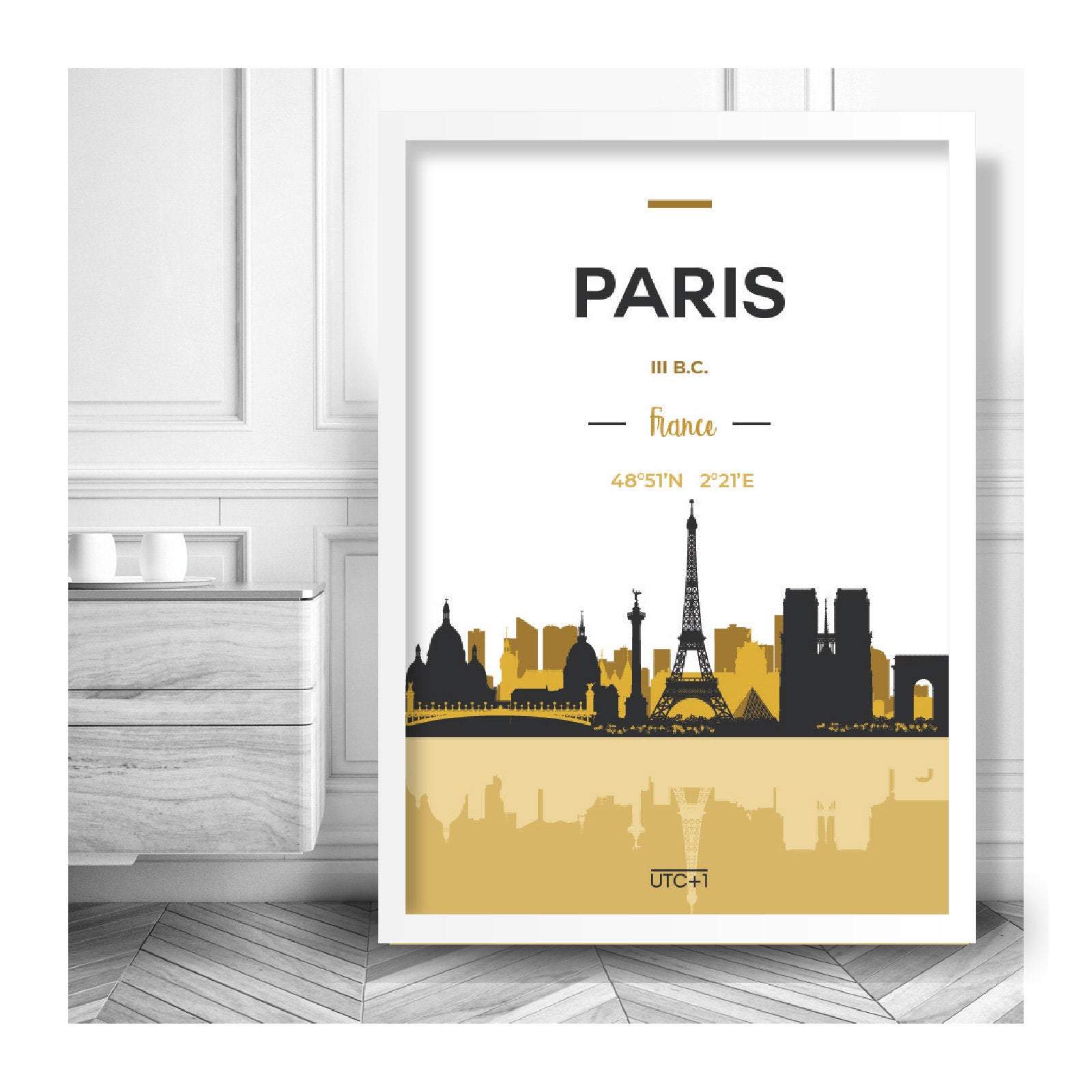 PARIS Skyline Cityscape FRANCE, Yellow and Grey Art Print