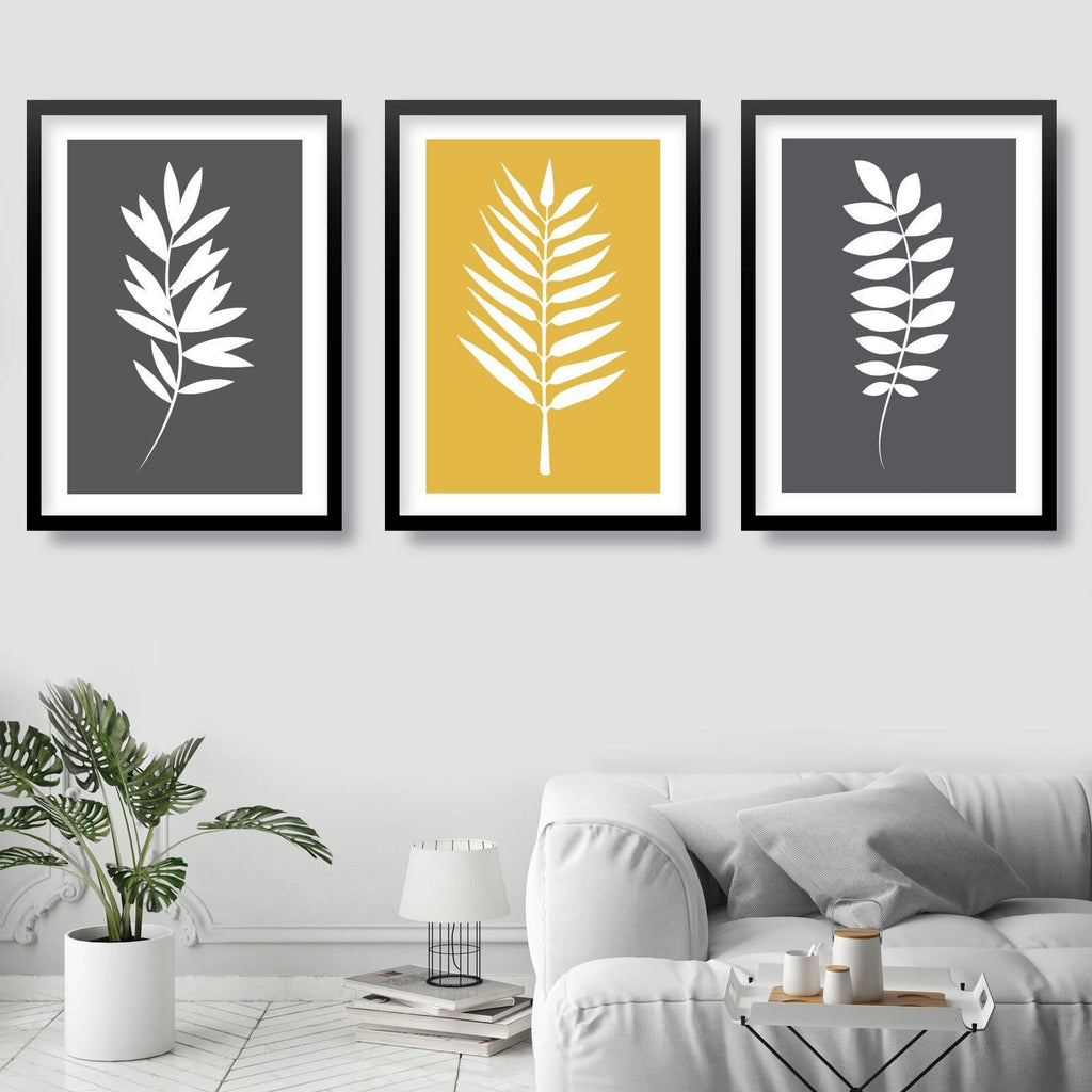 Set of 3 Yellow Grey and White Art Prints Tropical LEAVES Botanical Leaf Wall Scandinavian Pictures Posters Minimalist Artwork