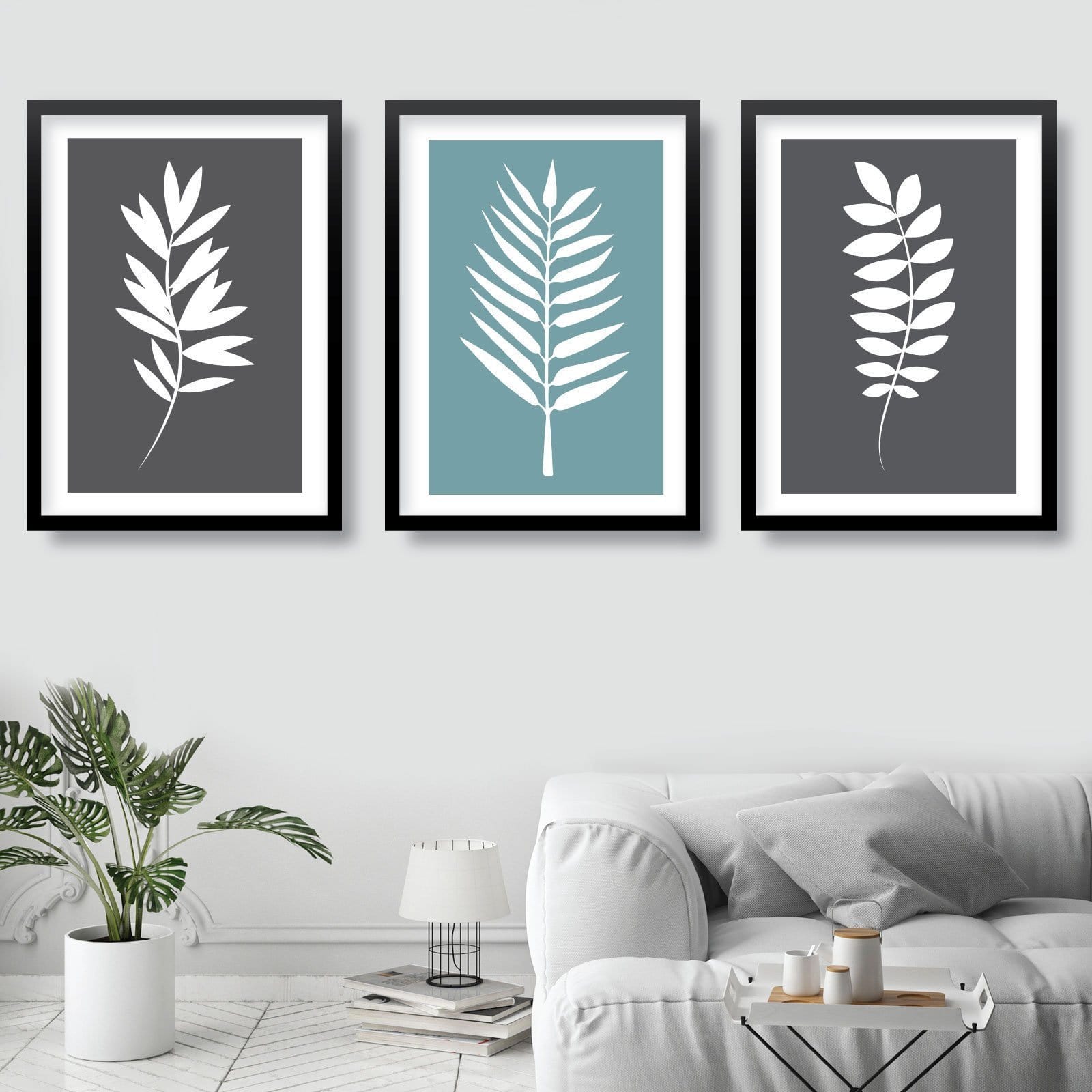 Set of 3 Grey Duck Egg Blue and White Tropical LEAVES Art Prints