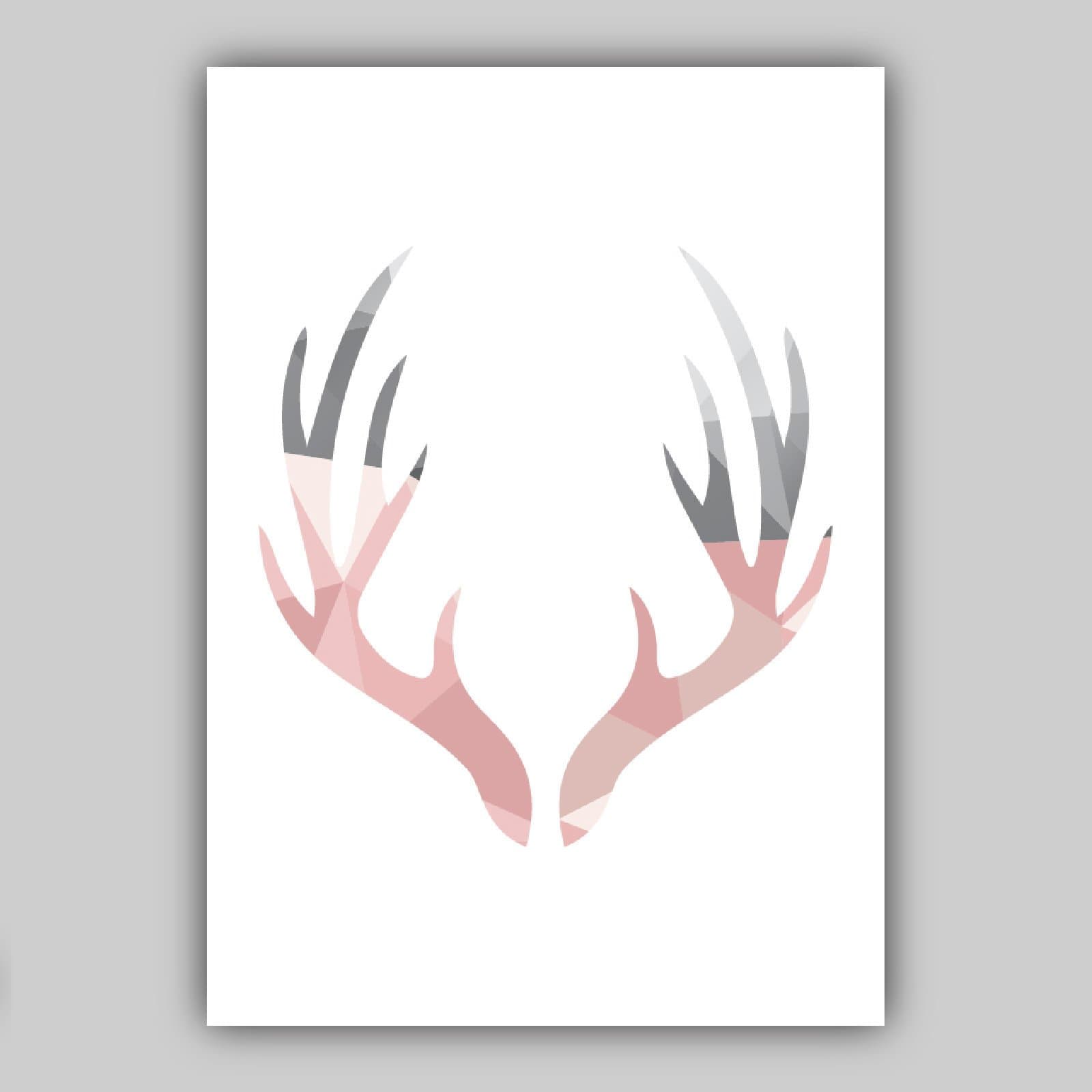 GEOMETRIC set of 3 Blush PINK & Grey Art Prints STAG Antlers and Forest