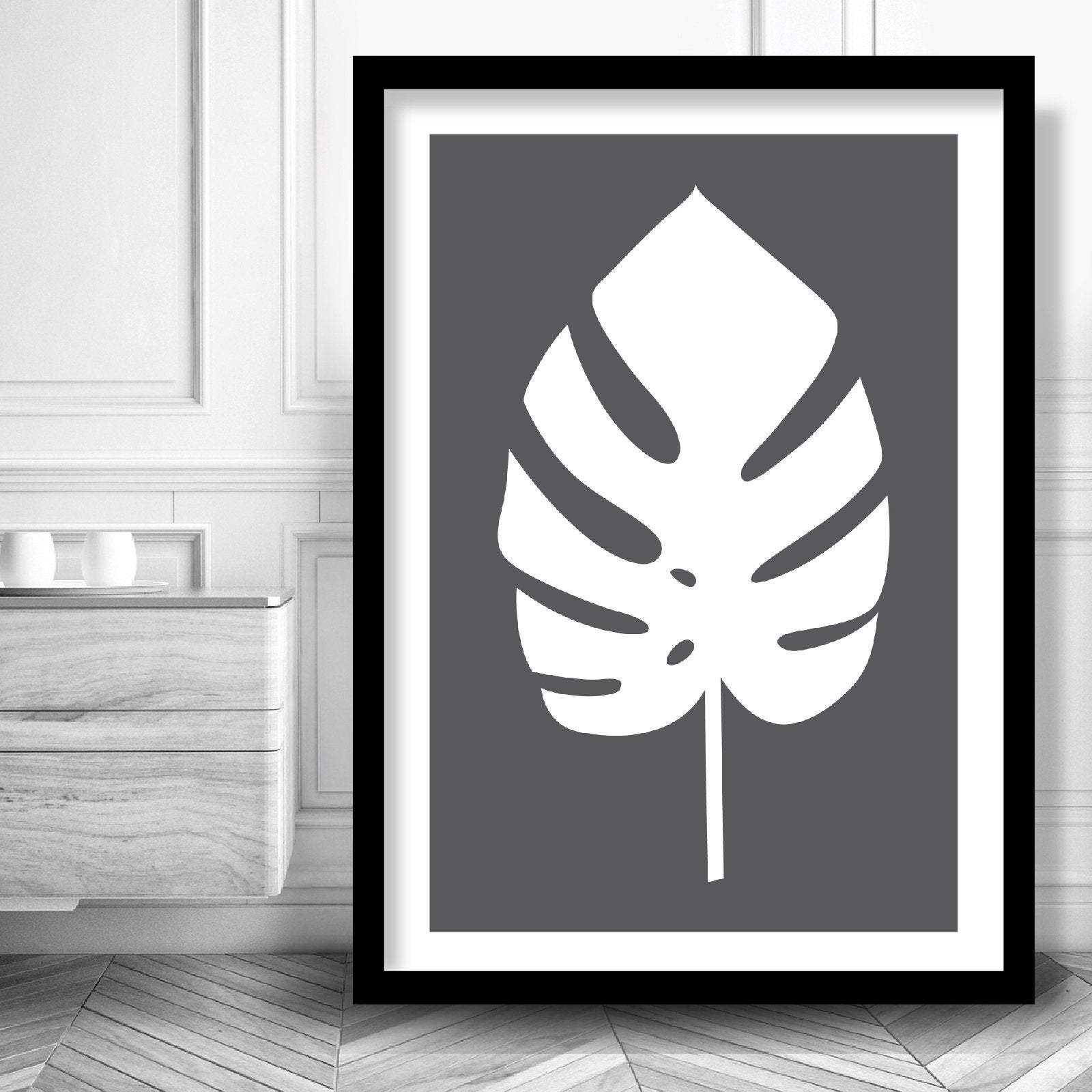 Set of 3 Yellow Grey and White Art Prints Tropical Botanical Monstera Leaves