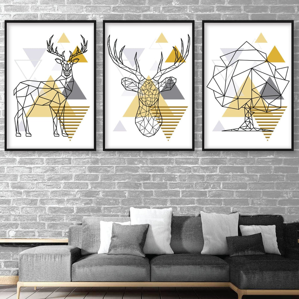 Set of 3 Scandinavian GEOMETRIC Yellow & Grey STAG Stag Head and Tree set Modern Art Prints Wall Pictures Posters Artwork Line Art ARTZE