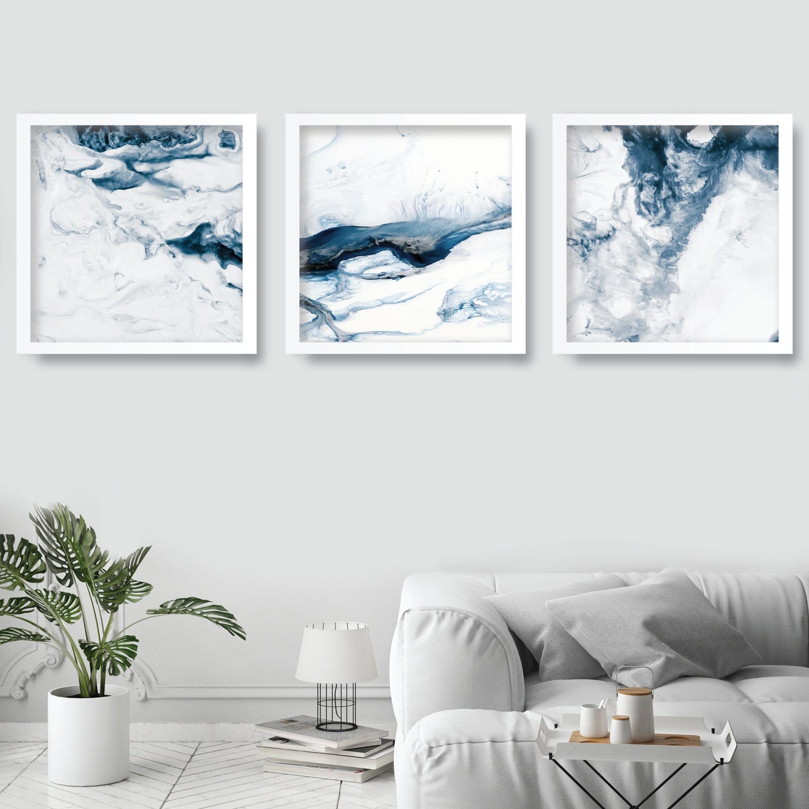 Set of 3 SQUARE Abstract Ocean Navy Blue & White Art Prints of Paintings 