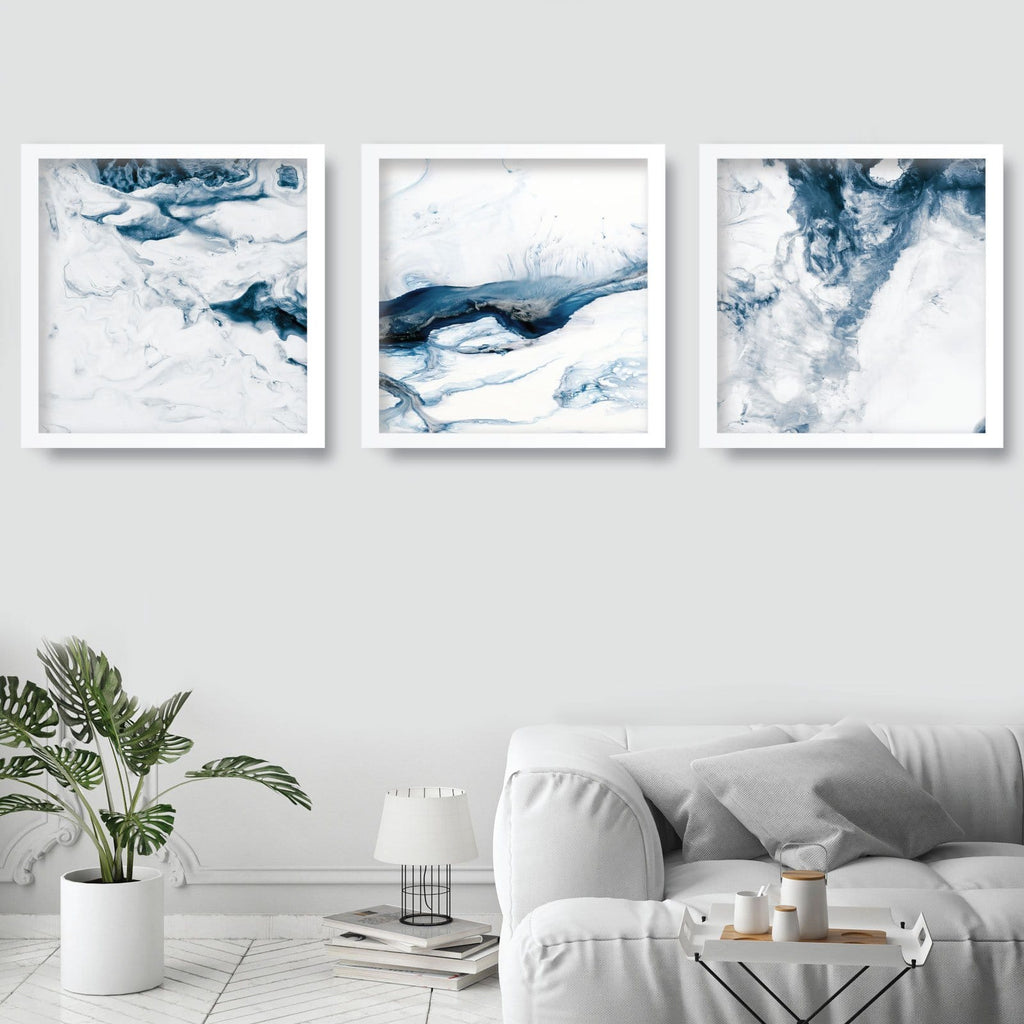 Set of 3 SQUARE Abstract Ocean Navy Blue & White Art Prints of Paintings Wall Art Print Poster print wall art Pictures Artwork