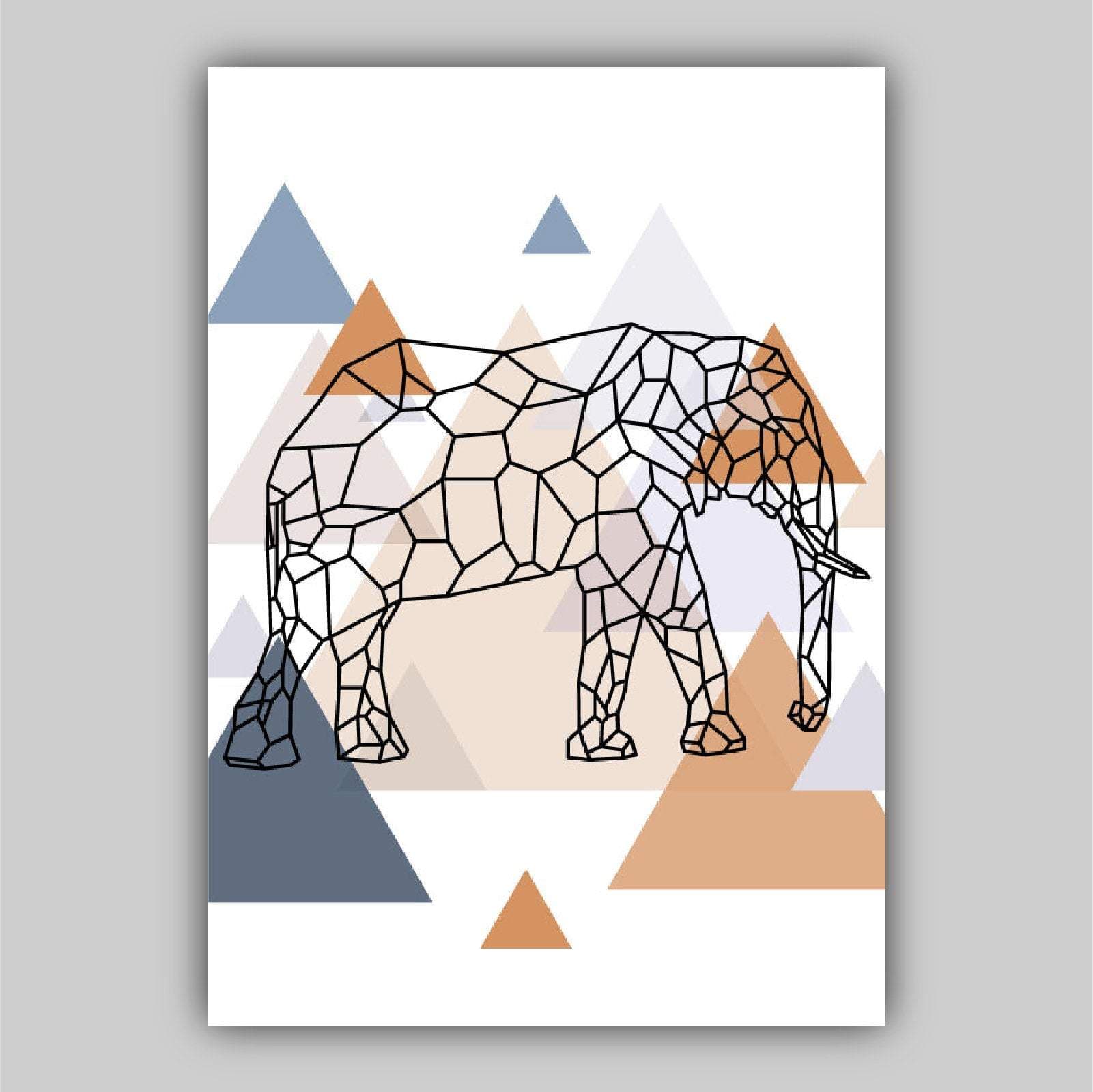 Set of 3 GEOMETRIC Copper & Blue ELEPHANT and Tree Modern Art Prints