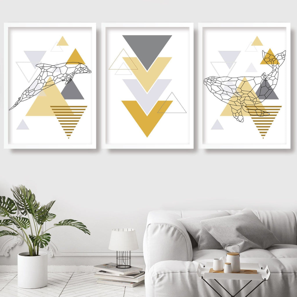 Set of 3 Scandinavian GEOMETRIC YELLOW & Grey Dolphin and Whale SEALIFE set Modern Art Prints Wall Pictures Posters Artwork Poly Line Art
