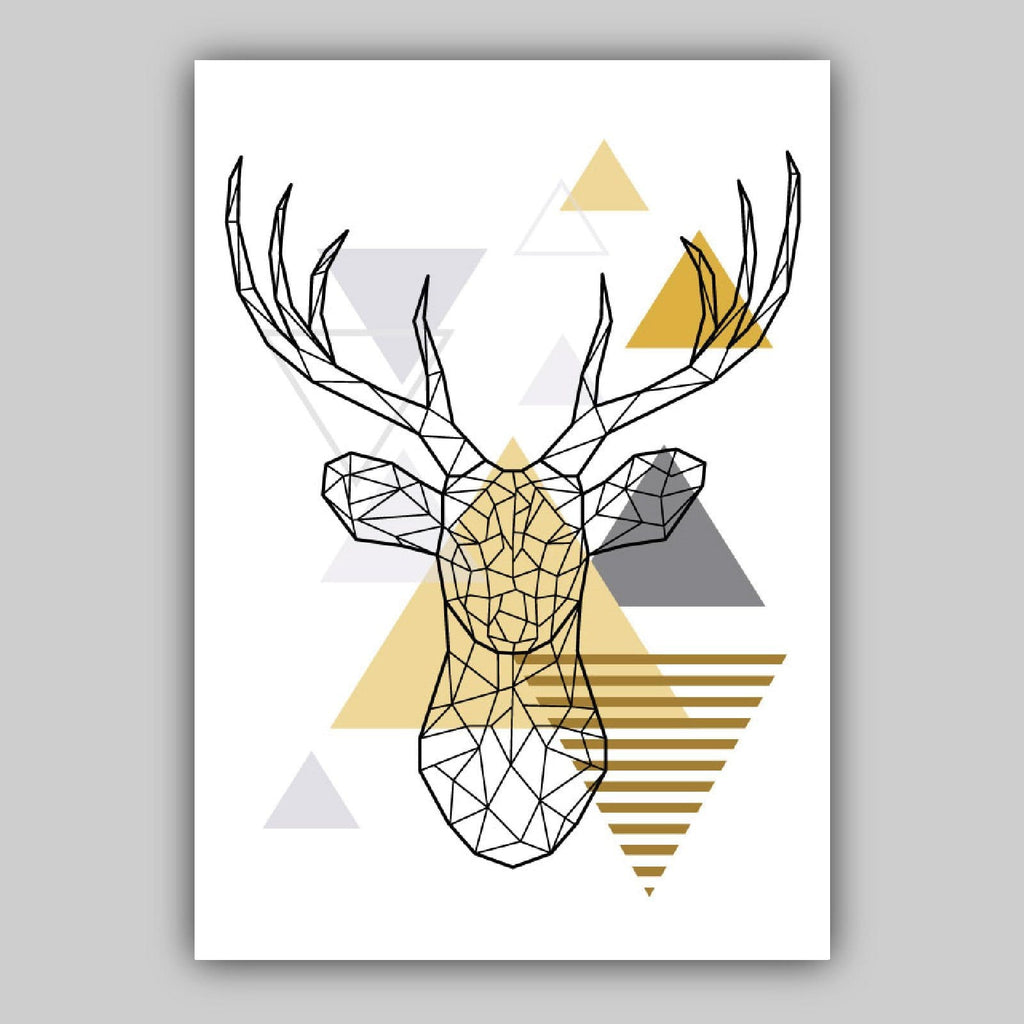 Set of 3 Scandinavian GEOMETRIC Yellow & Grey STAG Stag Head and Tree set Modern Art Prints Wall Pictures Posters Artwork Line Art ARTZE