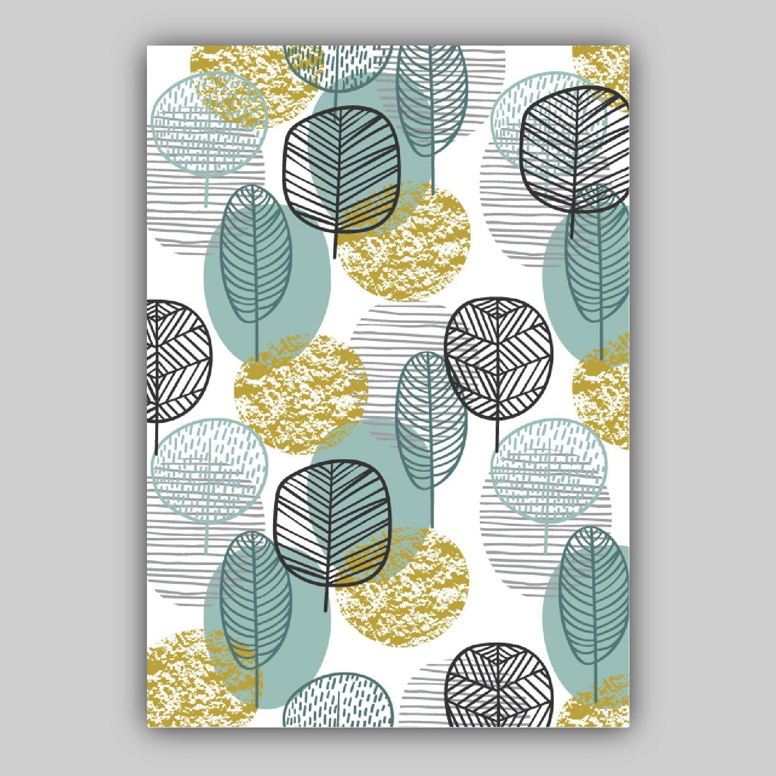 GEOMETRIC set of 3 Blue Yellow & Grey Line Art Prints LEAVES Botanical Circle Wall Pictures Posters Artwork ARTZE