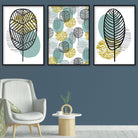 GEOMETRIC set of 3 Blue Yellow & Grey Line Art Prints LEAVES Botanical Circle Wall Pictures Posters Artwork ARTZE