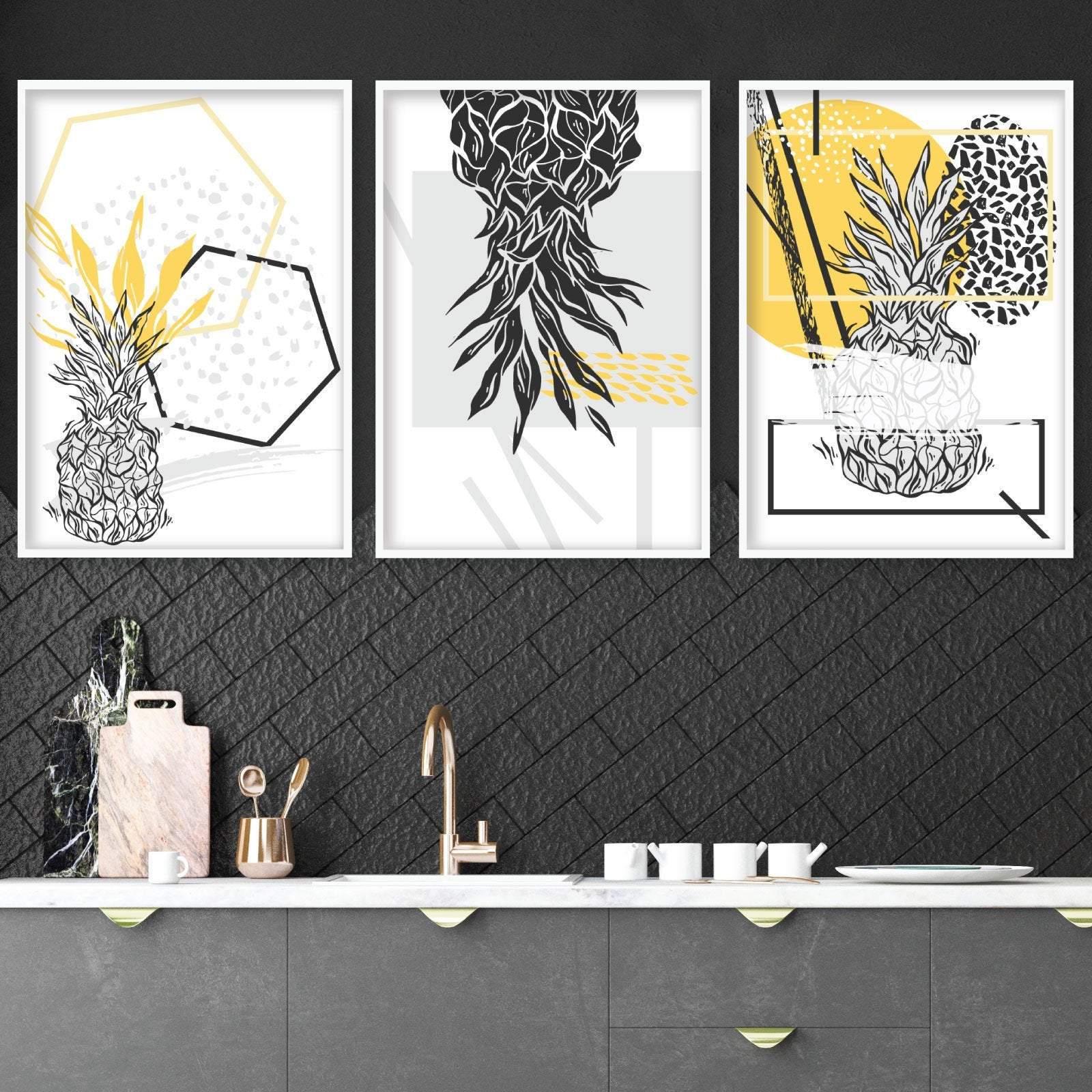 GEOMETRIC Abstract set of 3 Yellow & Black Line Art Prints PINEAPPLE Kitchen Wall Pictures Posters Artwork ARTZE