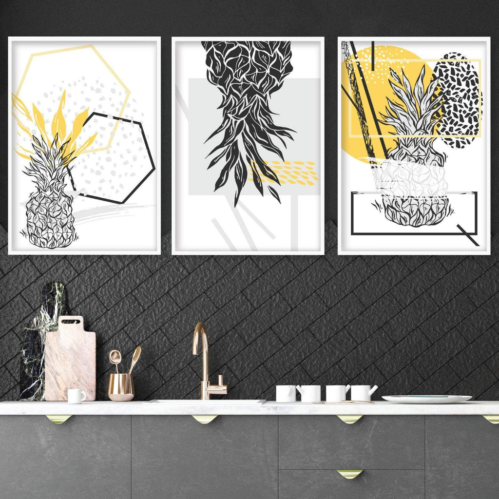 GEOMETRIC Abstract set of 3 Yellow & Black Line Art Prints PINEAPPLE Kitchen Wall Pictures Posters Artwork ARTZE