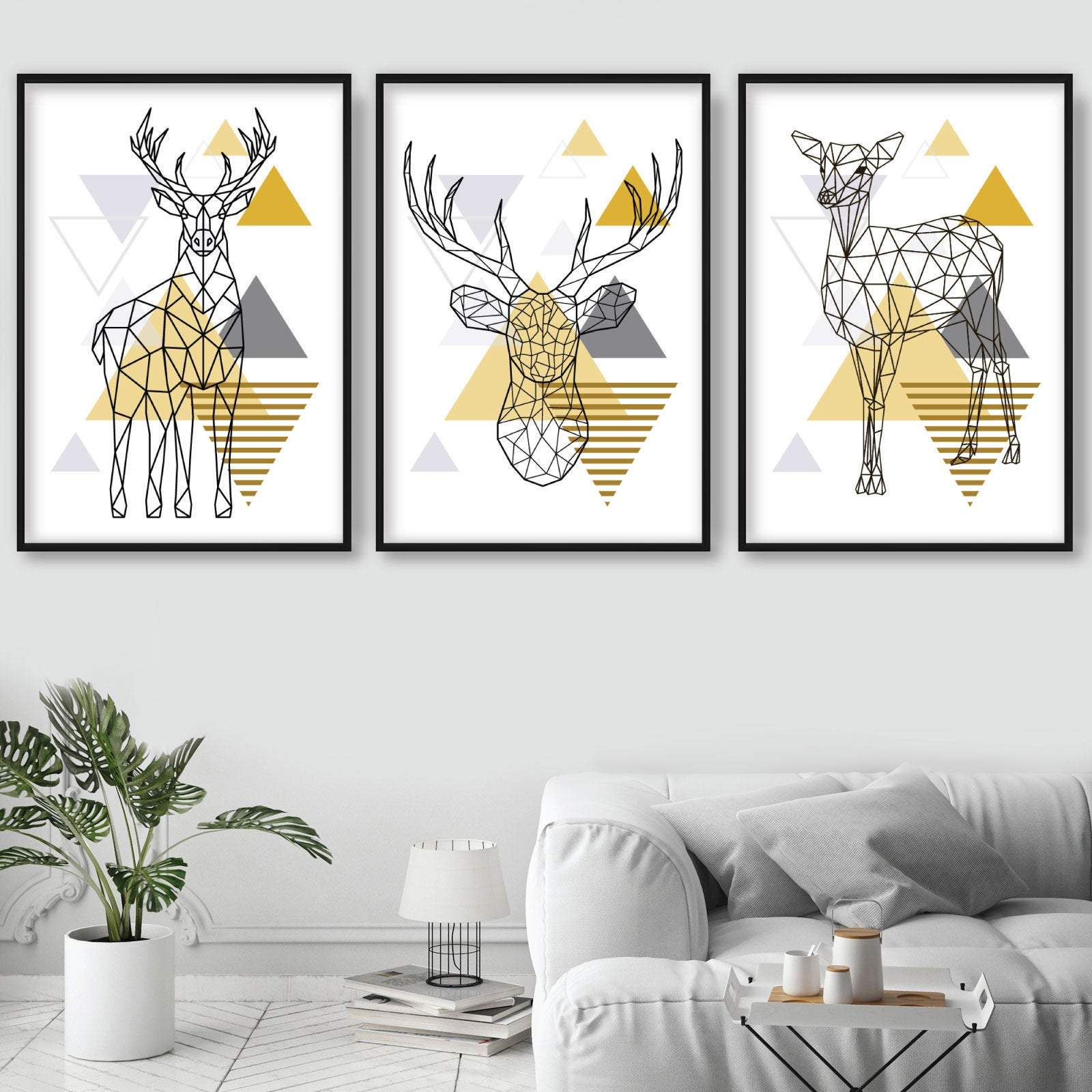 Set of 3 GEOMETRIC YELLOW & Grey STAG Deer Doe Modern Art Prints