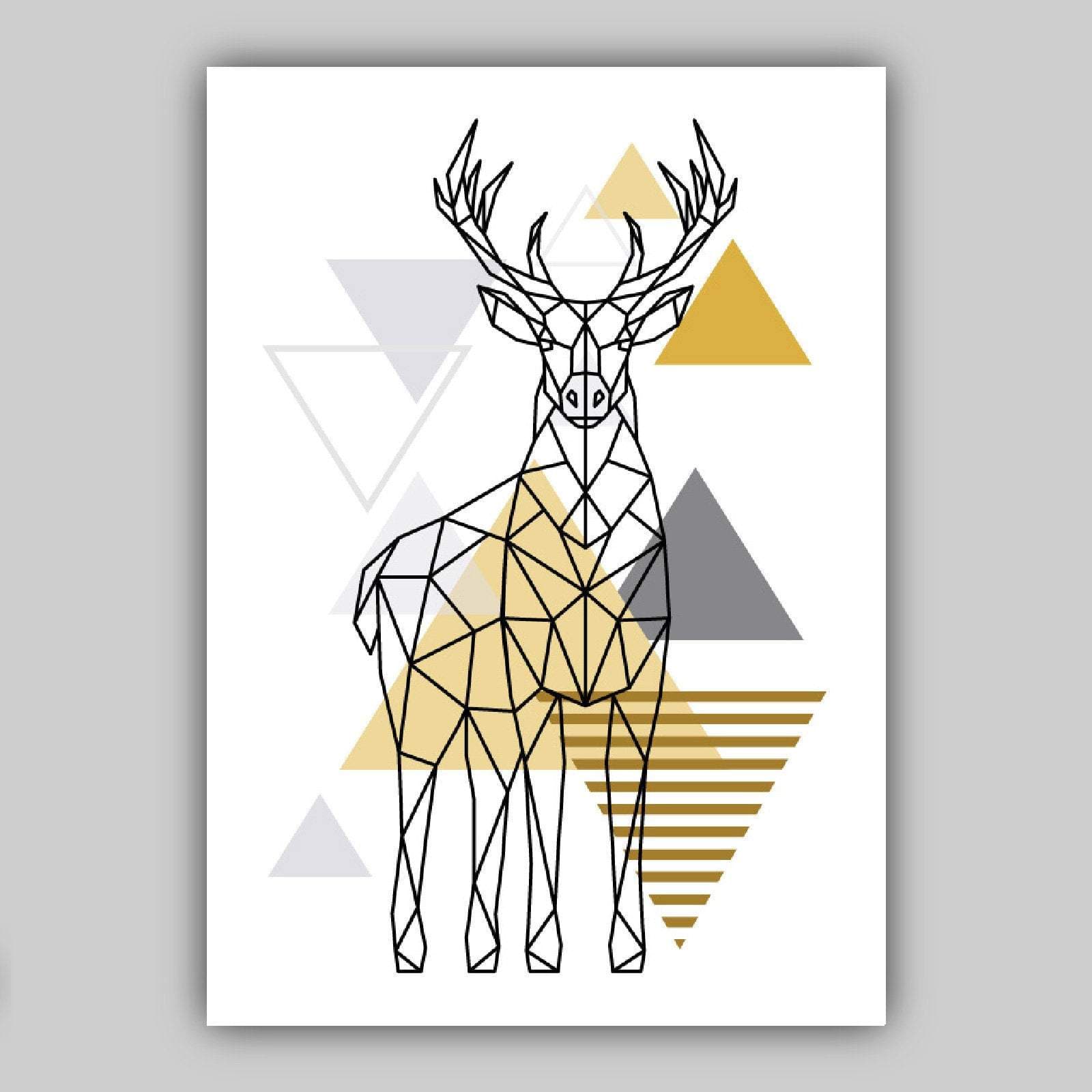 Set of 3 GEOMETRIC YELLOW & Grey STAG Deer Doe Modern Art Prints