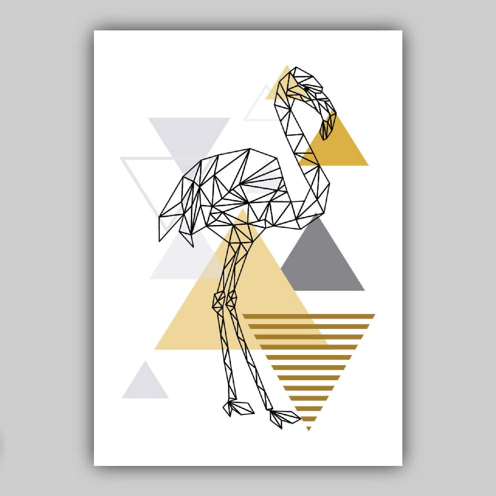 Set of 3 Scandinavian Yellow & Grey Flamingo & Peacock Feather Modern Art Prints