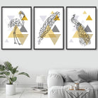 Set of 3 Scandinavian Yellow & Grey Flamingo & Peacock Feather Modern Art Prints
