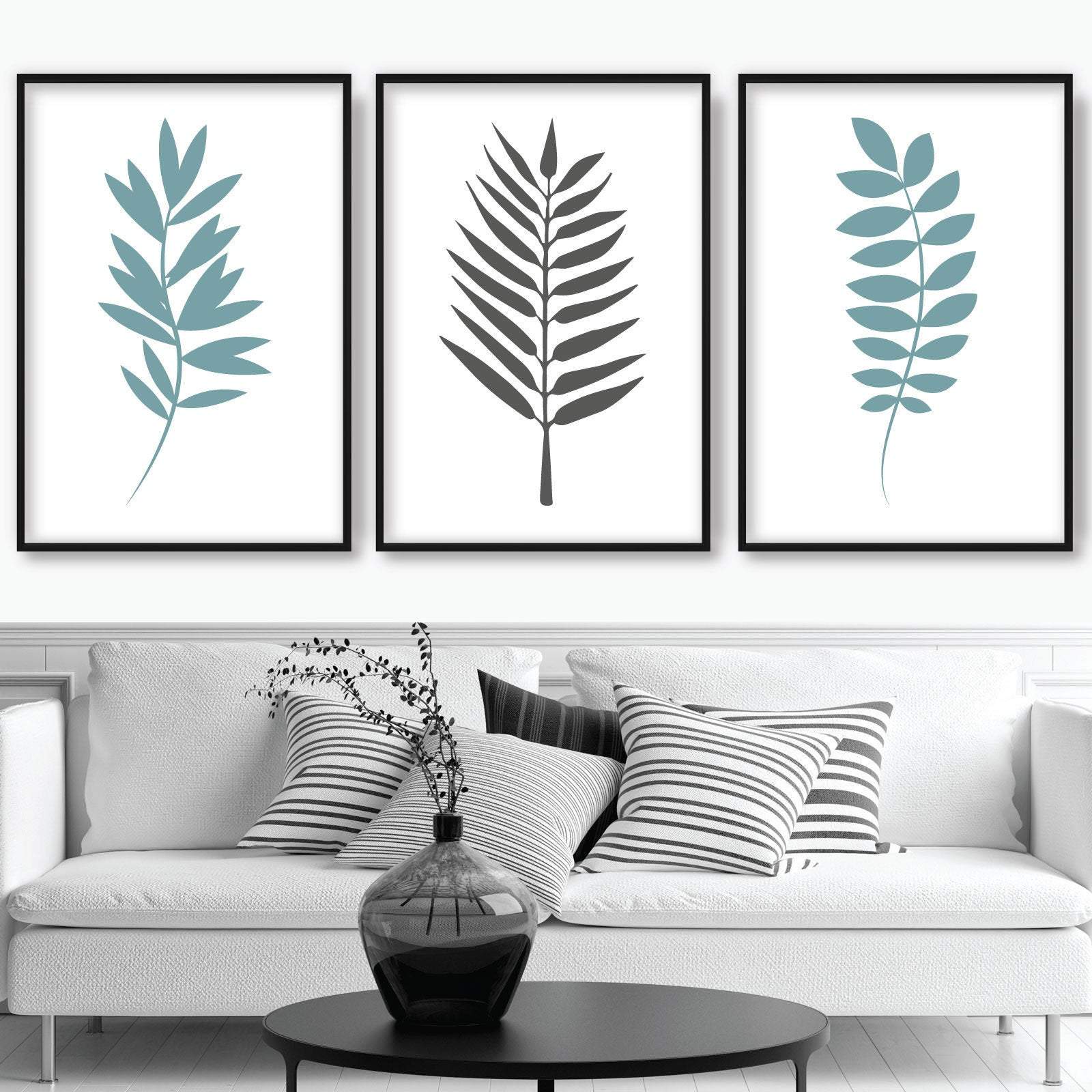 Set of 3 Duck Egg Blue and Grey Gallery Wall Art Prints Tropical FERN