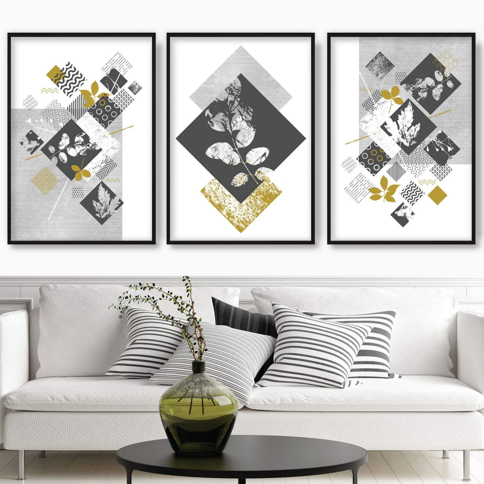 BOTANICAL Set of 3 Abstract GEOMETRIC Grey and Mustard Yellow Floral Prints