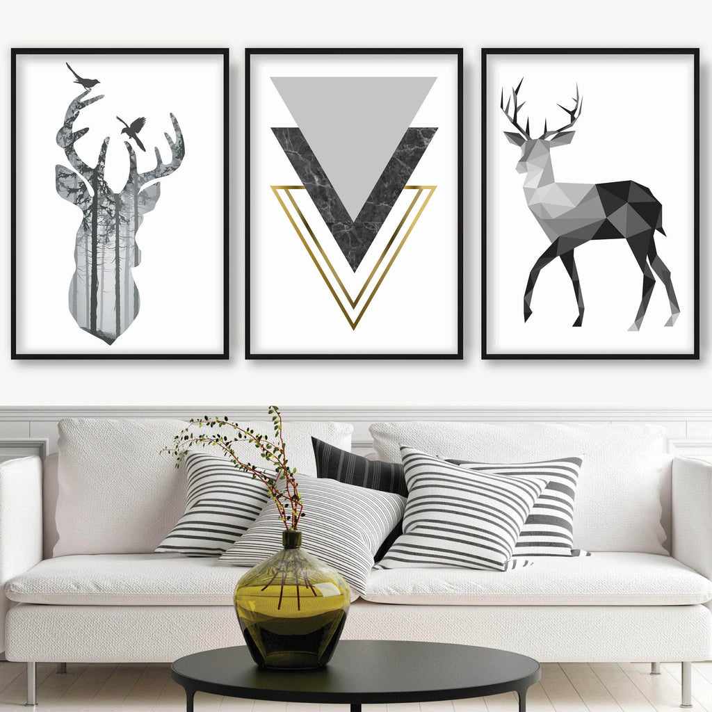 GEOMETRIC set of 3 Scandinavian Stags Black Grey & Gold Effect Art Prints Abstract Triangles Pattern Wall Pictures Posters Artwork NO FOIL