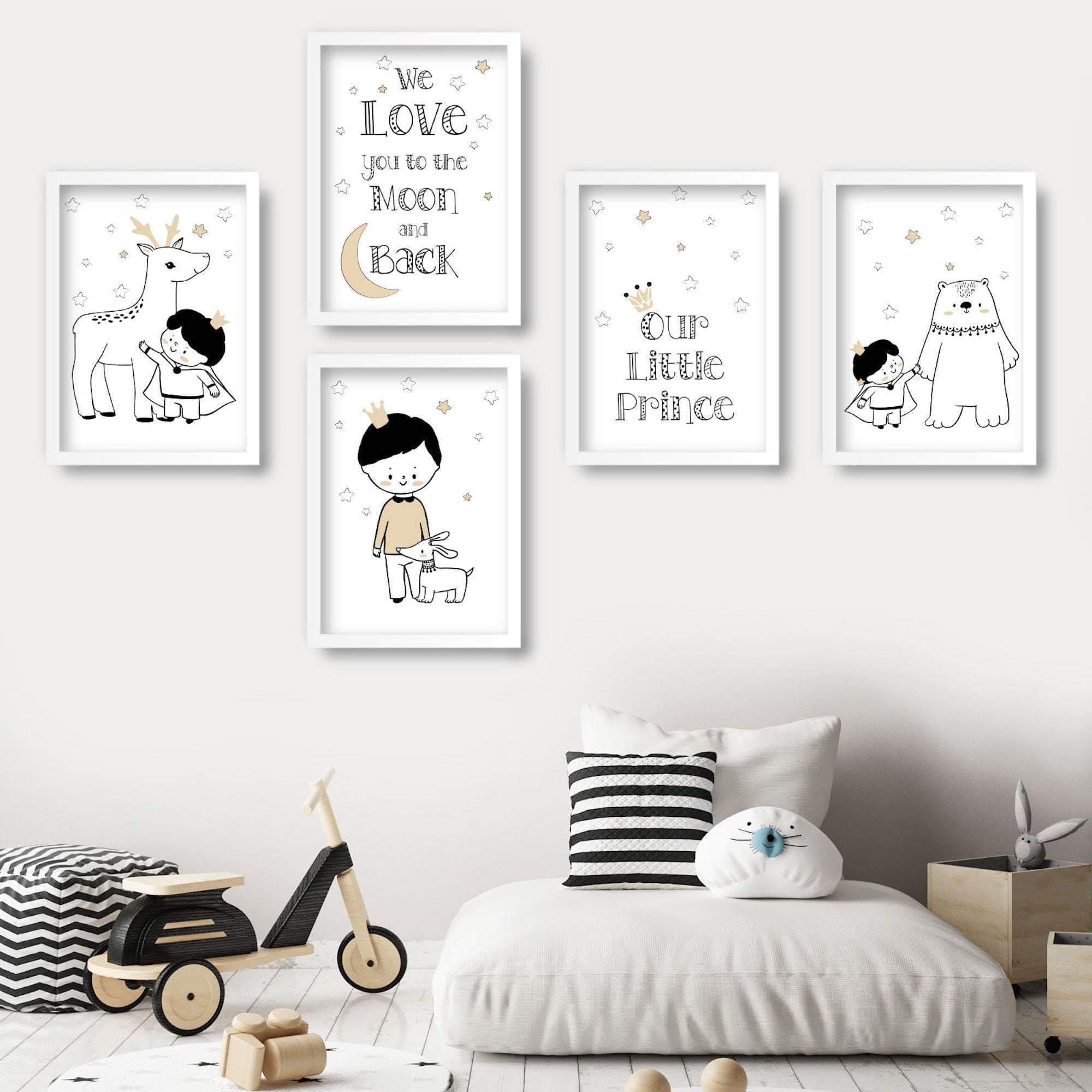 NURSERY Set of 5 PRINCE STAG, Dog, Bear, Little Prince, Love you to the Moon and Back Scandinavian Gallery Wall Art Prints Picture Posters