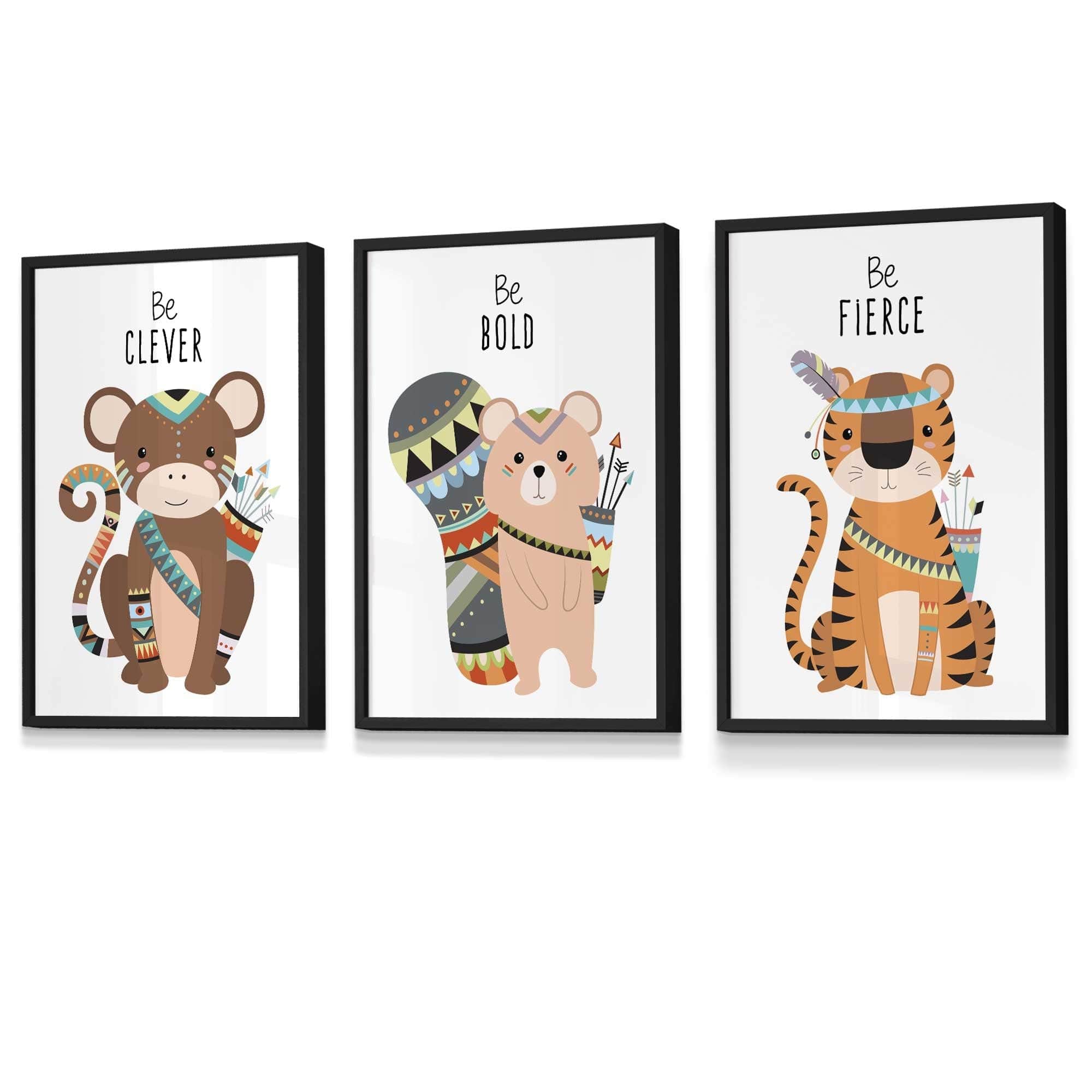 NURSERY Prints Set of 3 Tribal Wall Art Quote Prints Tiger, Monkey Be Curious Wall Art Quote Prints / FRAMED Kids Wall Art | Artze Wall Art UK