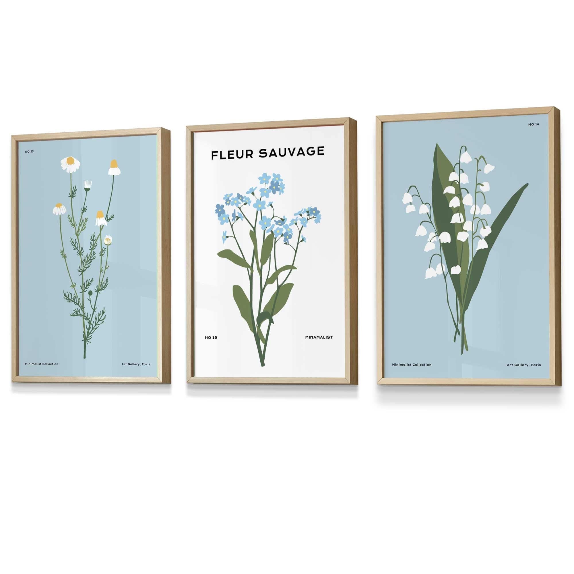 Set of 3 Vintage Graphical Blue Spring Wild Flower Market FRAMED Wall Art Prints / Posters | Artze Wall Art UK